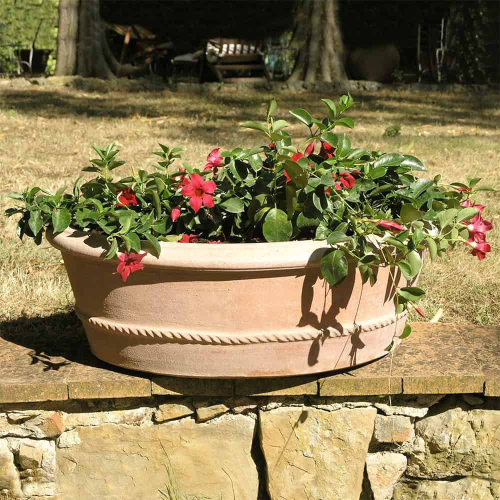 Zangola Ovale Bordata Italian terracotta oval planter with trailing red flowering plants on stone garden wall, shaded garden and seating in background