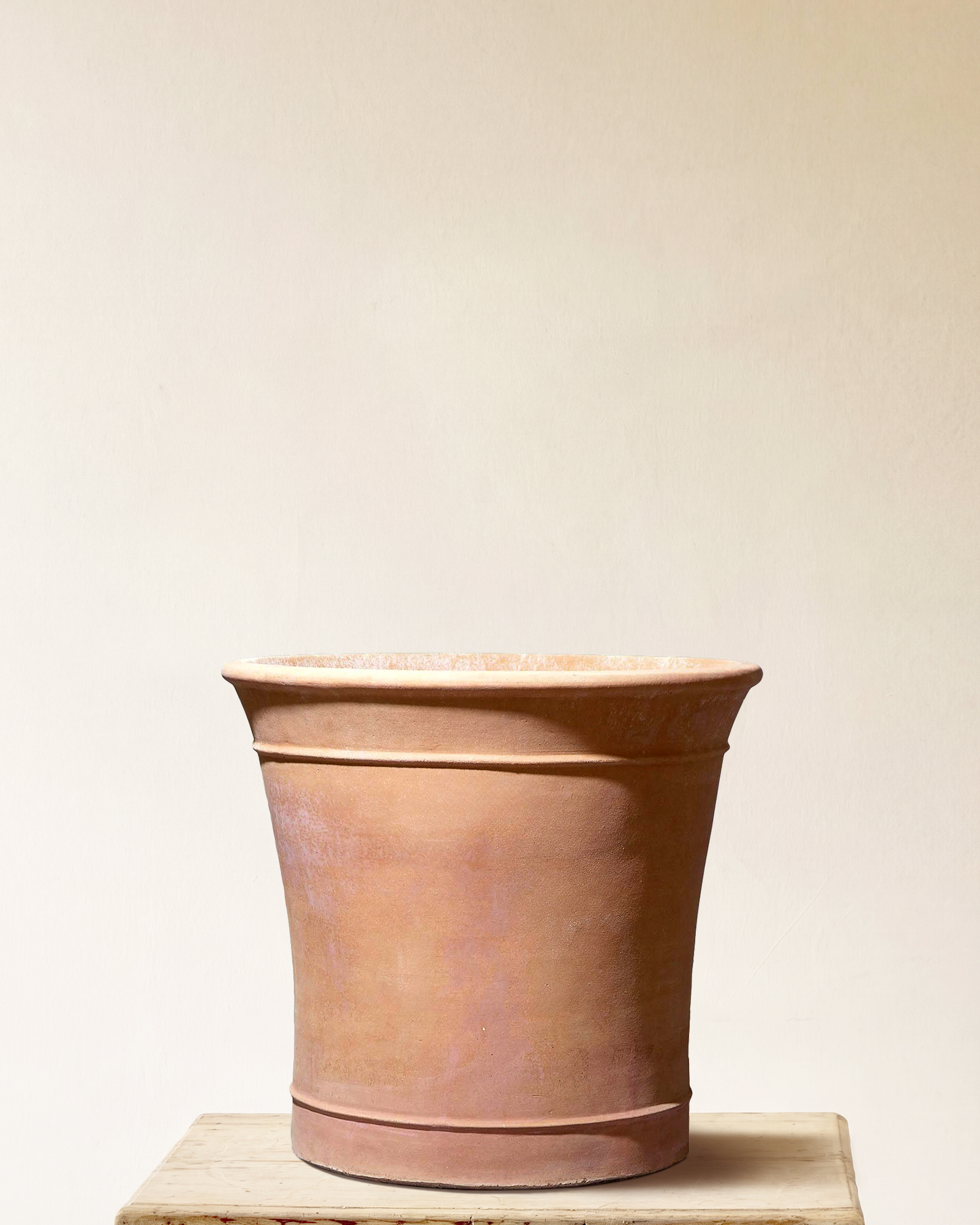 Italian terracotta planter with tall flared form, rounded base and mid-body band, made in Impruneta, 26" x 27"