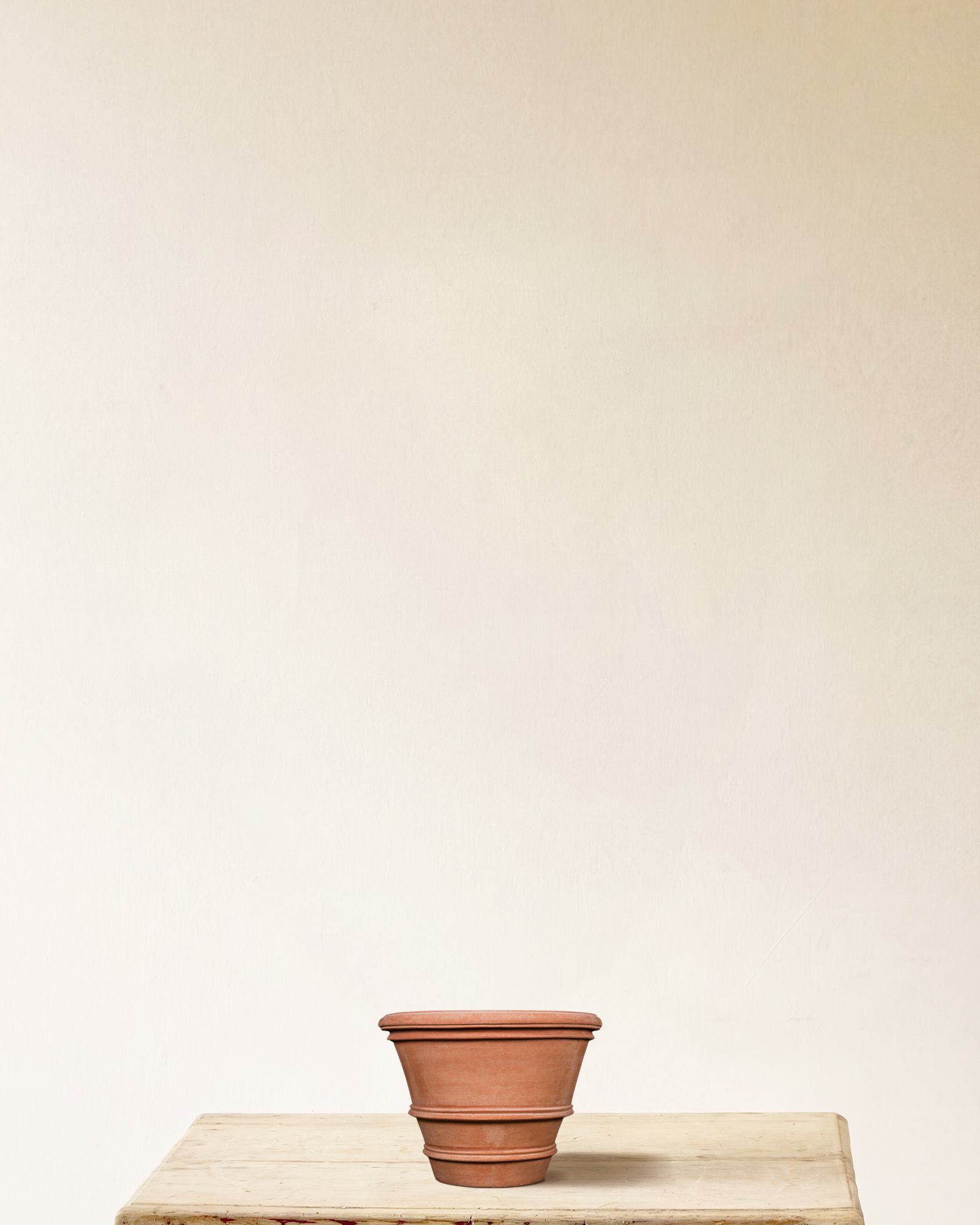 Italian terracotta planter with double rim detail, made in Impruneta, 12" x 11"