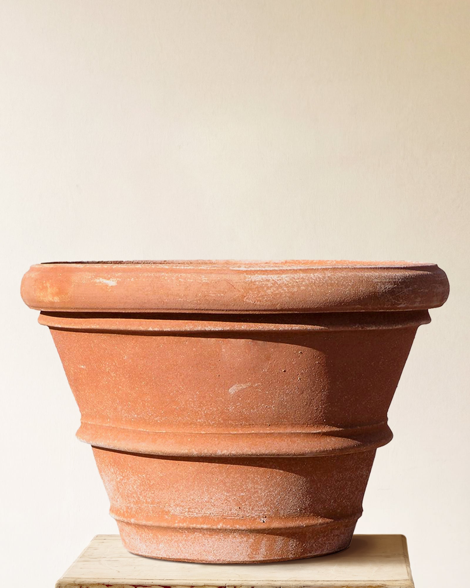Italian terracotta planter with classic double-rim form and gently flared body, made in Impruneta, 43" x 35"