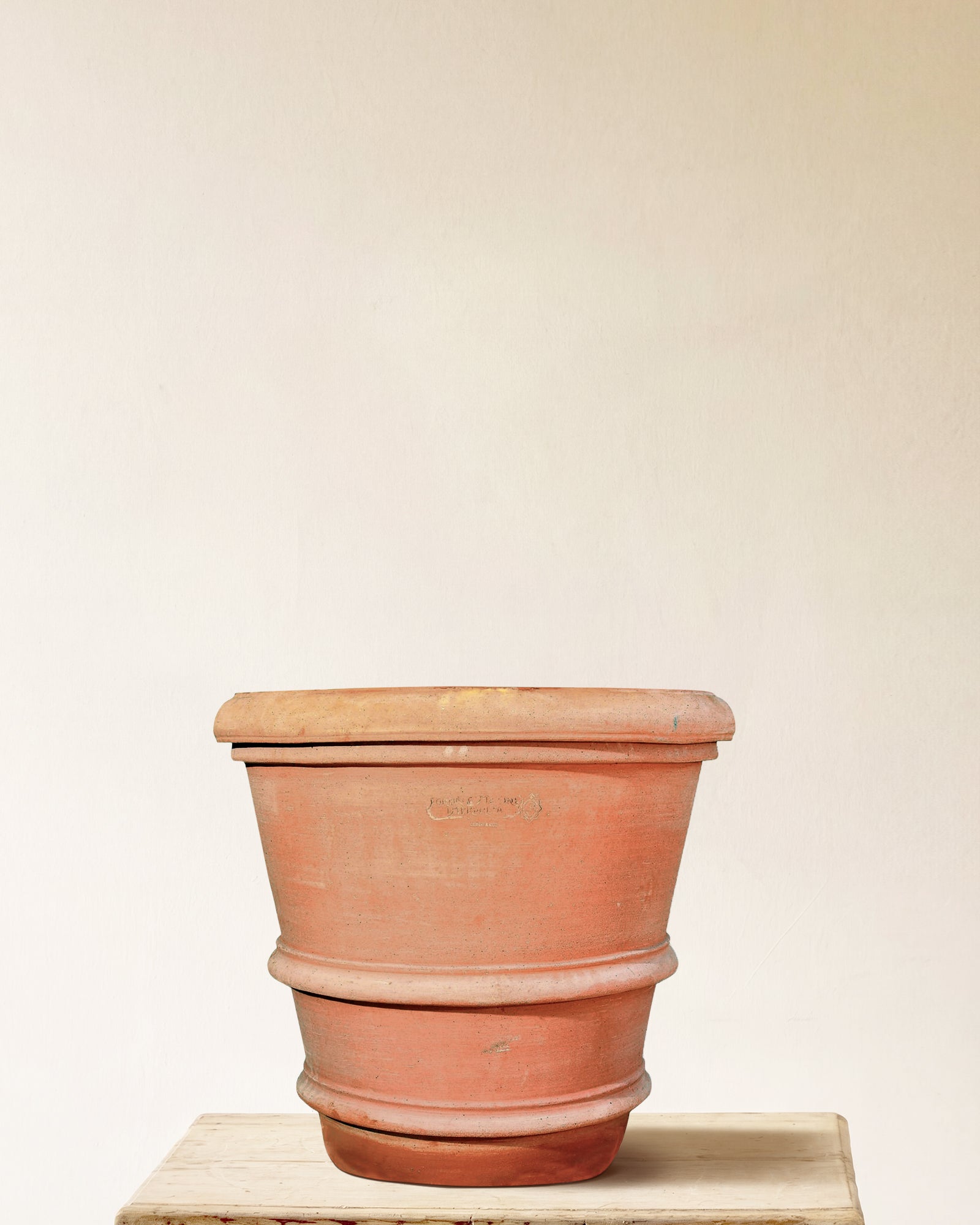 Italian terracotta planter with tall flared form and two horizontal bands, made in Impruneta, 25" x 28"