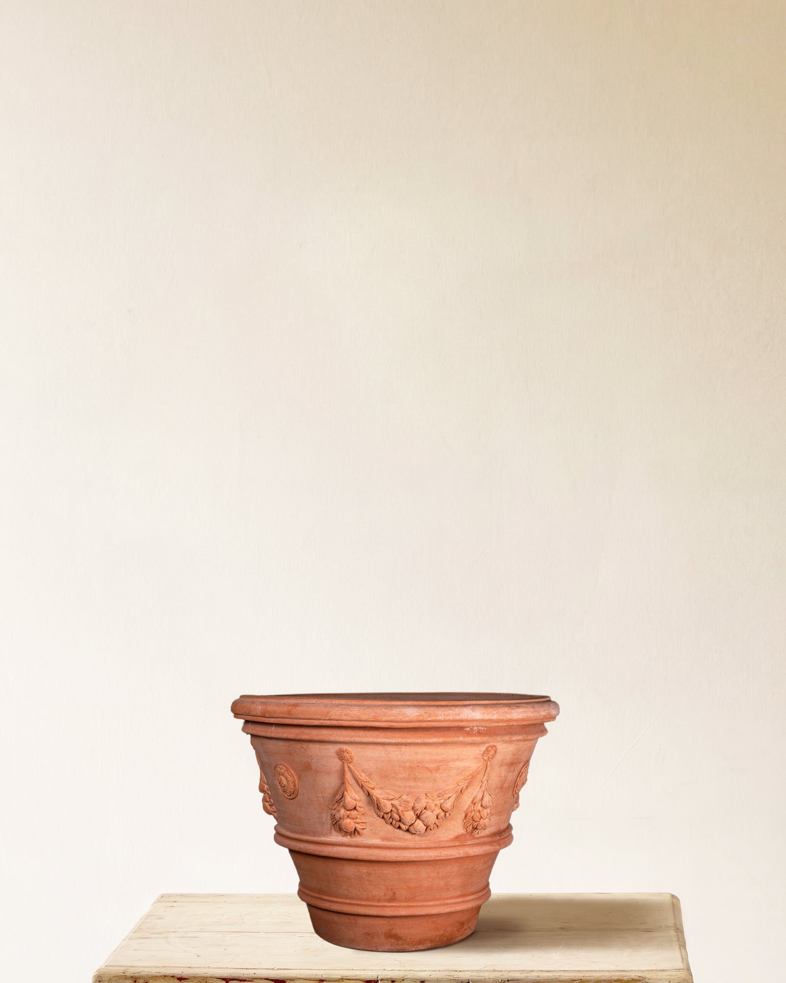Italian terracotta planter with sculpted festoon relief, made in Impruneta, 22" x 18"