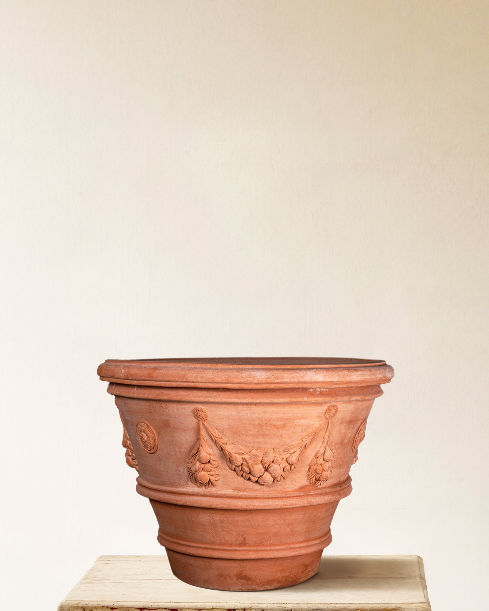 Italian terracotta planter with sculpted festoon relief, made in Impruneta, 31" x 28"