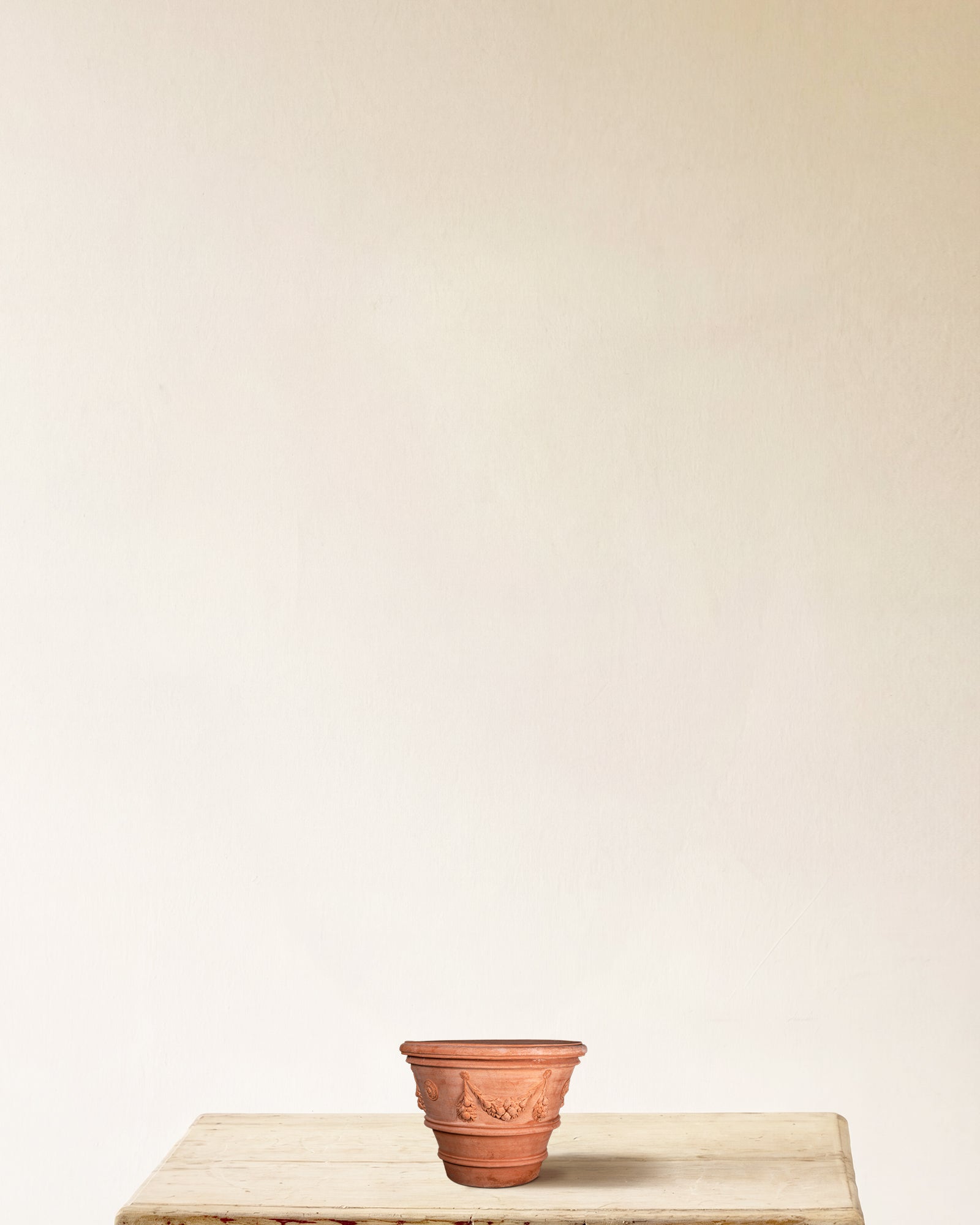 Italian terracotta planter with sculpted festoon relief, made in Impruneta, 10" x 9"
