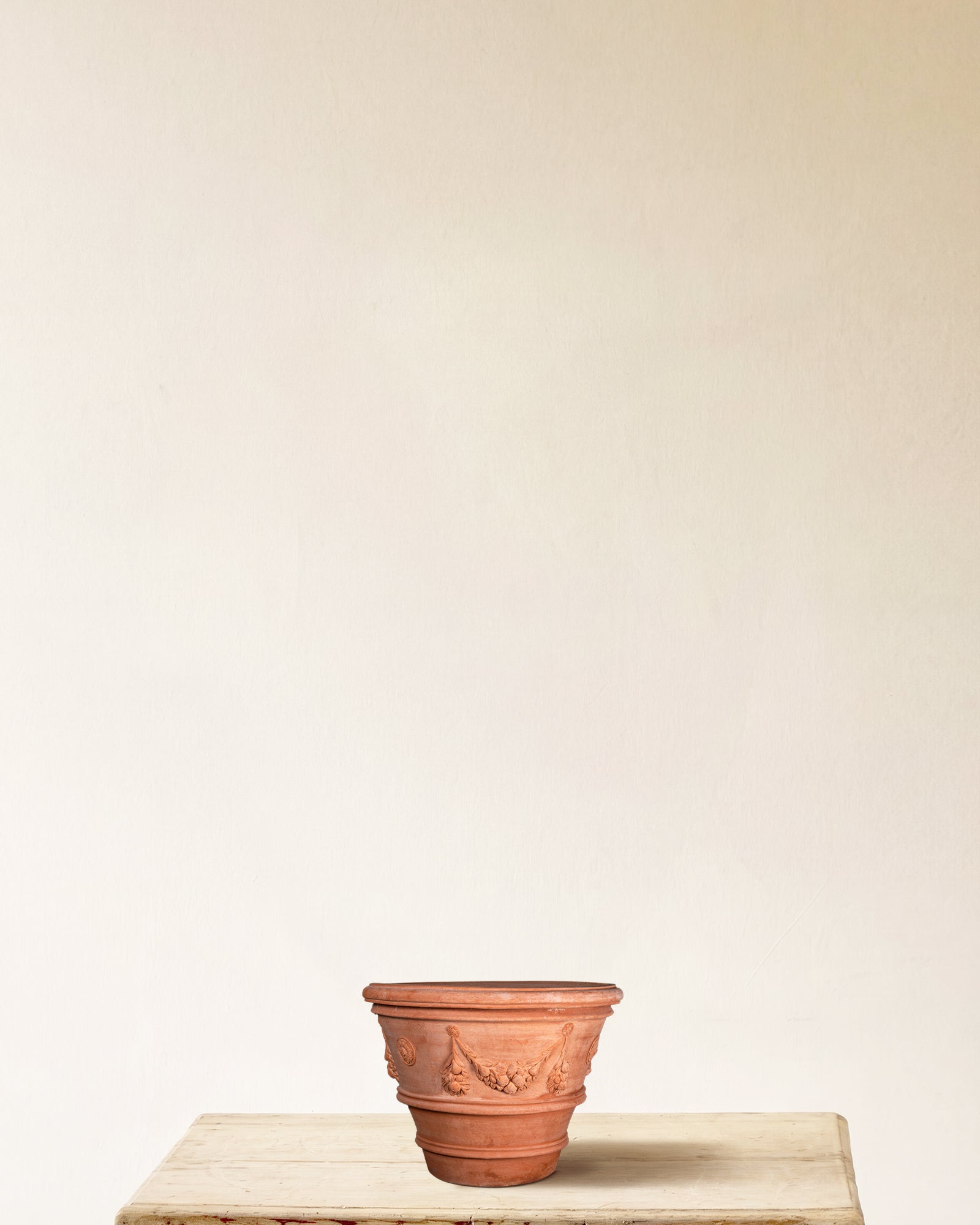 Italian terracotta planter with sculpted festoon relief, made in Impruneta, 14" x 11"