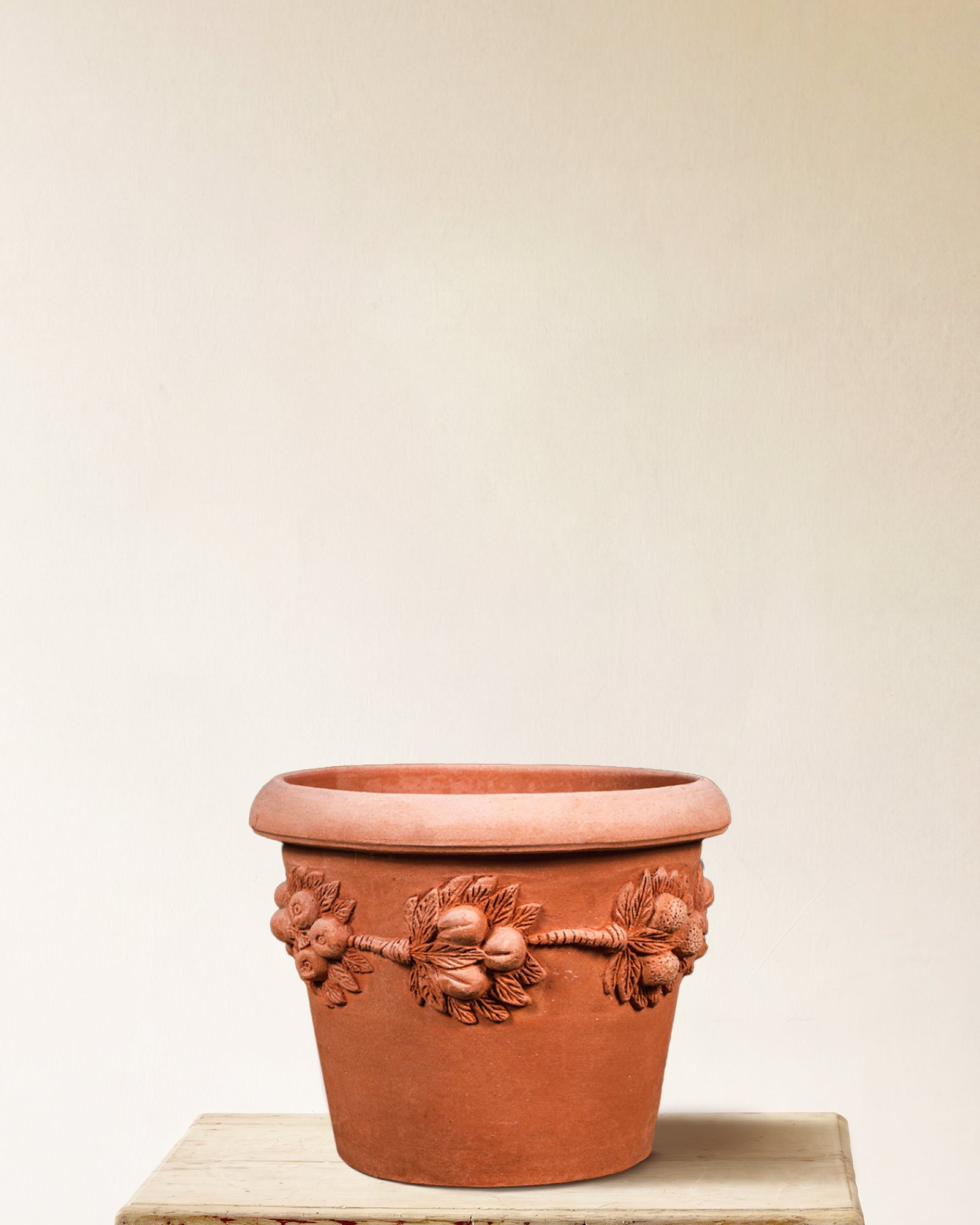 Italian terracotta planter with Della Robbia-style fruit and leaf garland relief, made in Impruneta, 24" x 22"