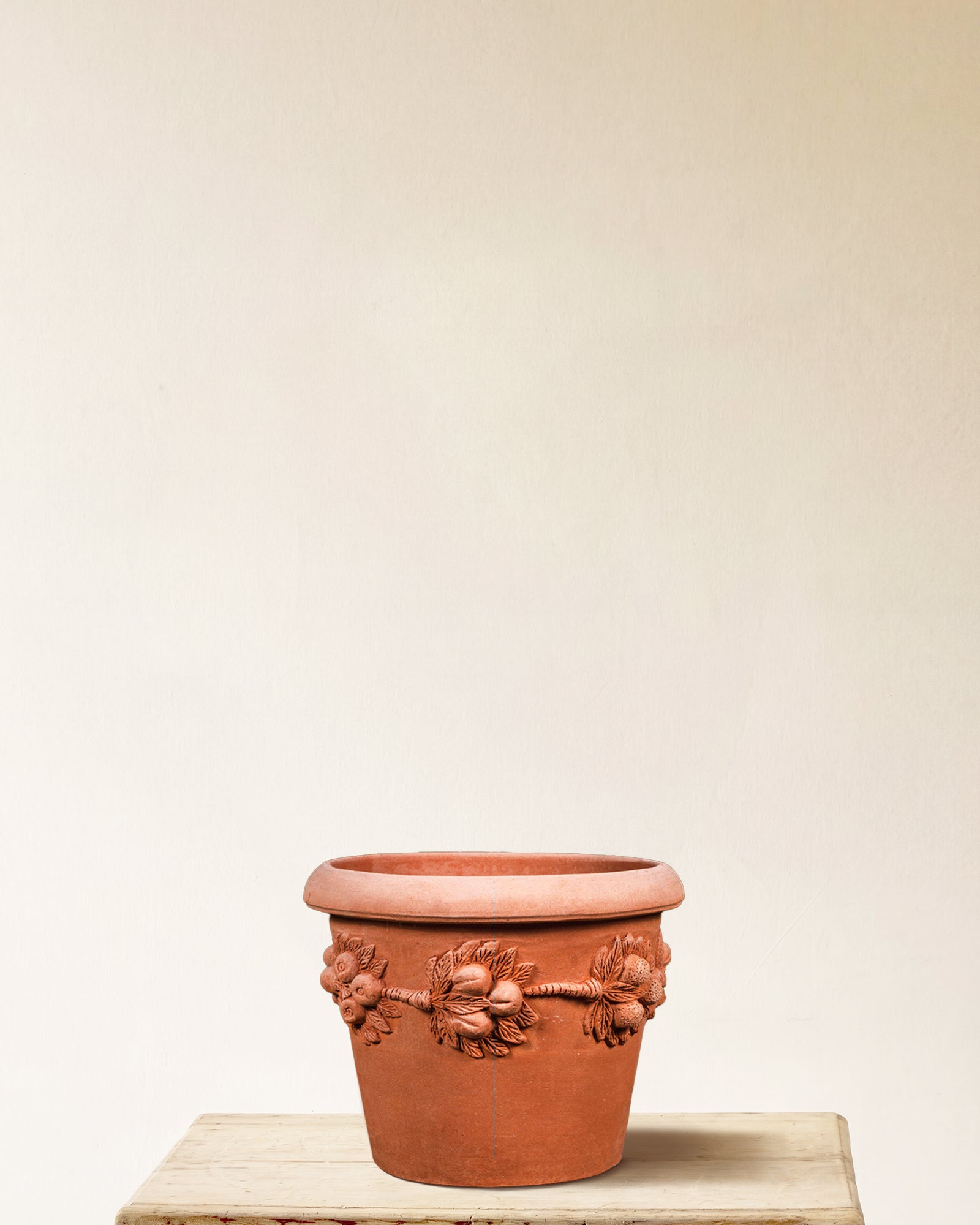 Italian terracotta planter with Della Robbia-style fruit and leaf garland relief, made in Impruneta, 18" x 17"