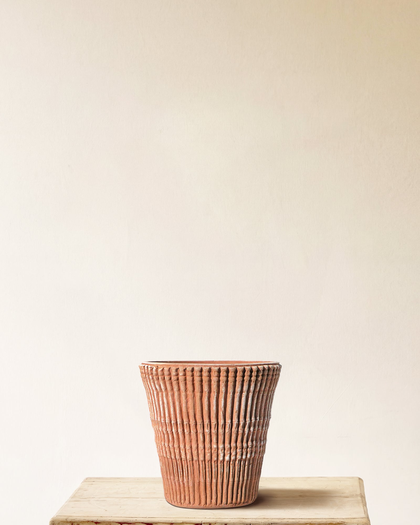 Italian terracotta planter with full-height bamboo-style vertical ribbing, made in Impruneta, 15" x 17"