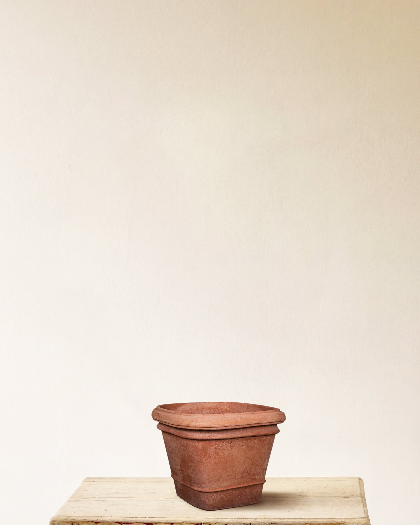 Italian terracotta square planter with double rim, made in Impruneta, 14" x 14"