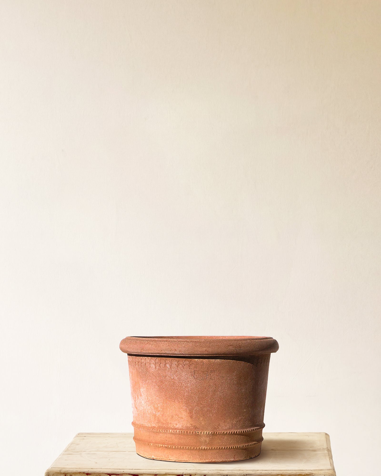 Italian terracotta planter with beehive form, scalloped rim band and beaded base ridges, made in Impruneta, 31" x 28"