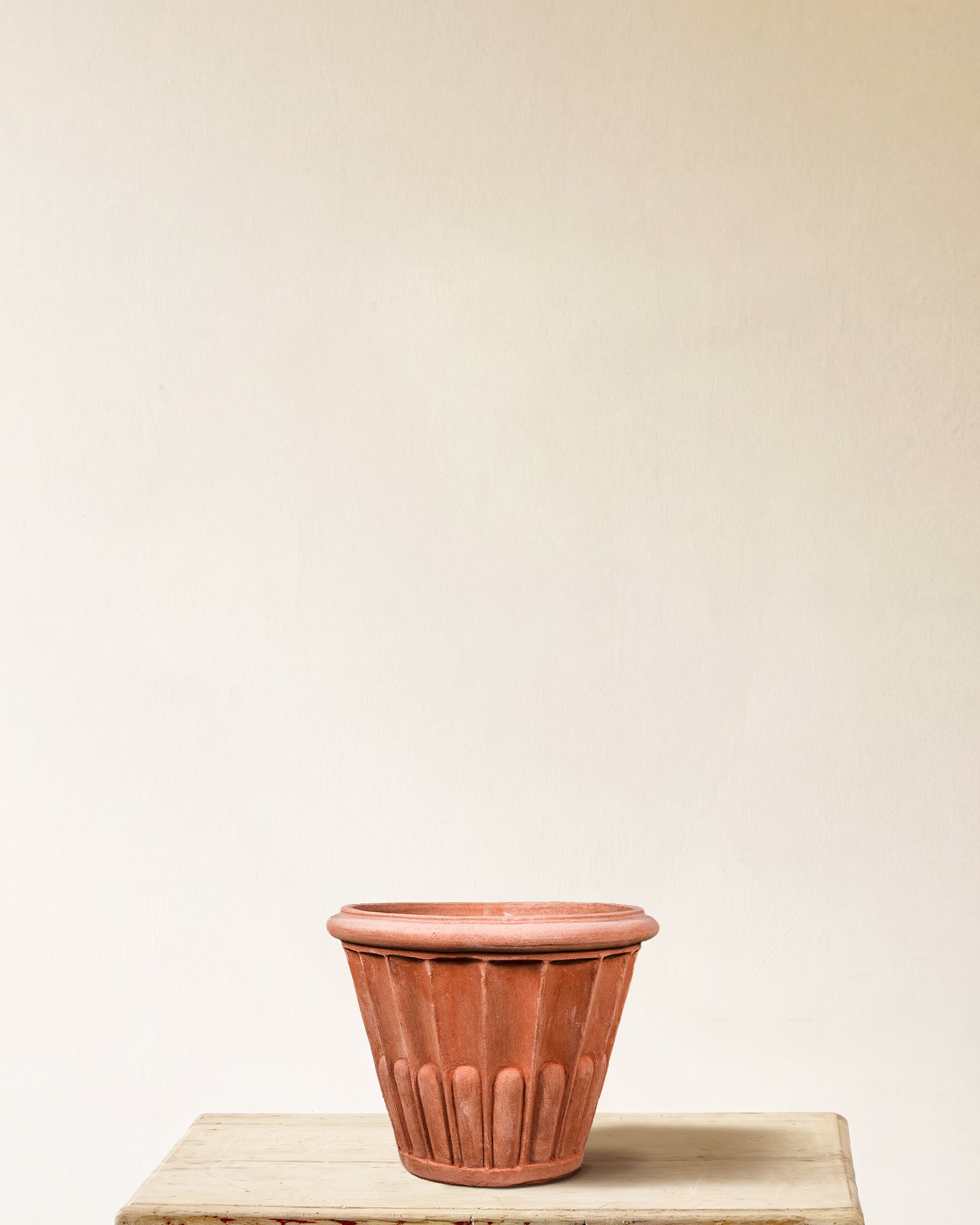 Italian terracotta planter with vertical fluting, made in Impruneta, 16" x 15"