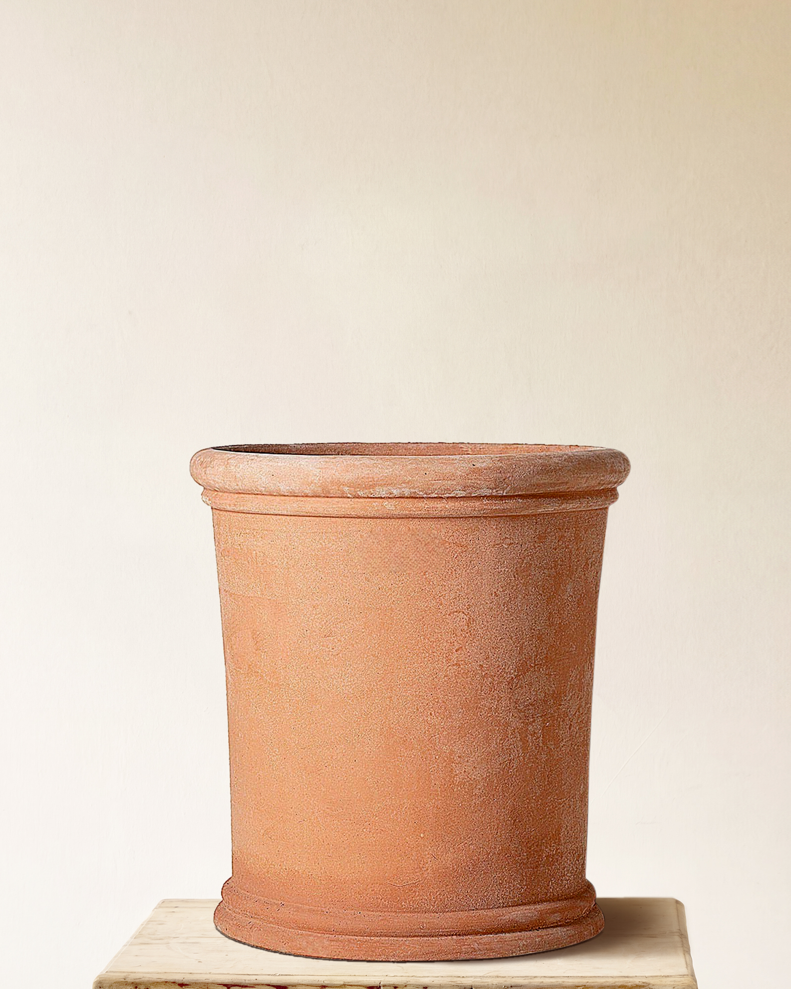 Italian terracotta planter with clean cylindrical form and slight rim detail, made in Impruneta, 27" x 32"
