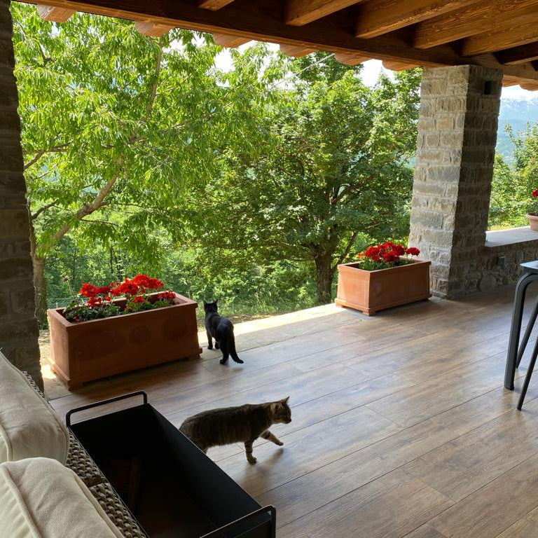 Pair of Fioriera Linea Italian terracotta rectangular planters with red geraniums on covered stone terrace, wooded hillside and mountain view in background