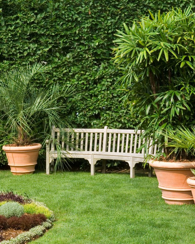 Garden scene with a bench, potted plants, and a pair of Vaso Classico Doppio Bordo Terracotta planters