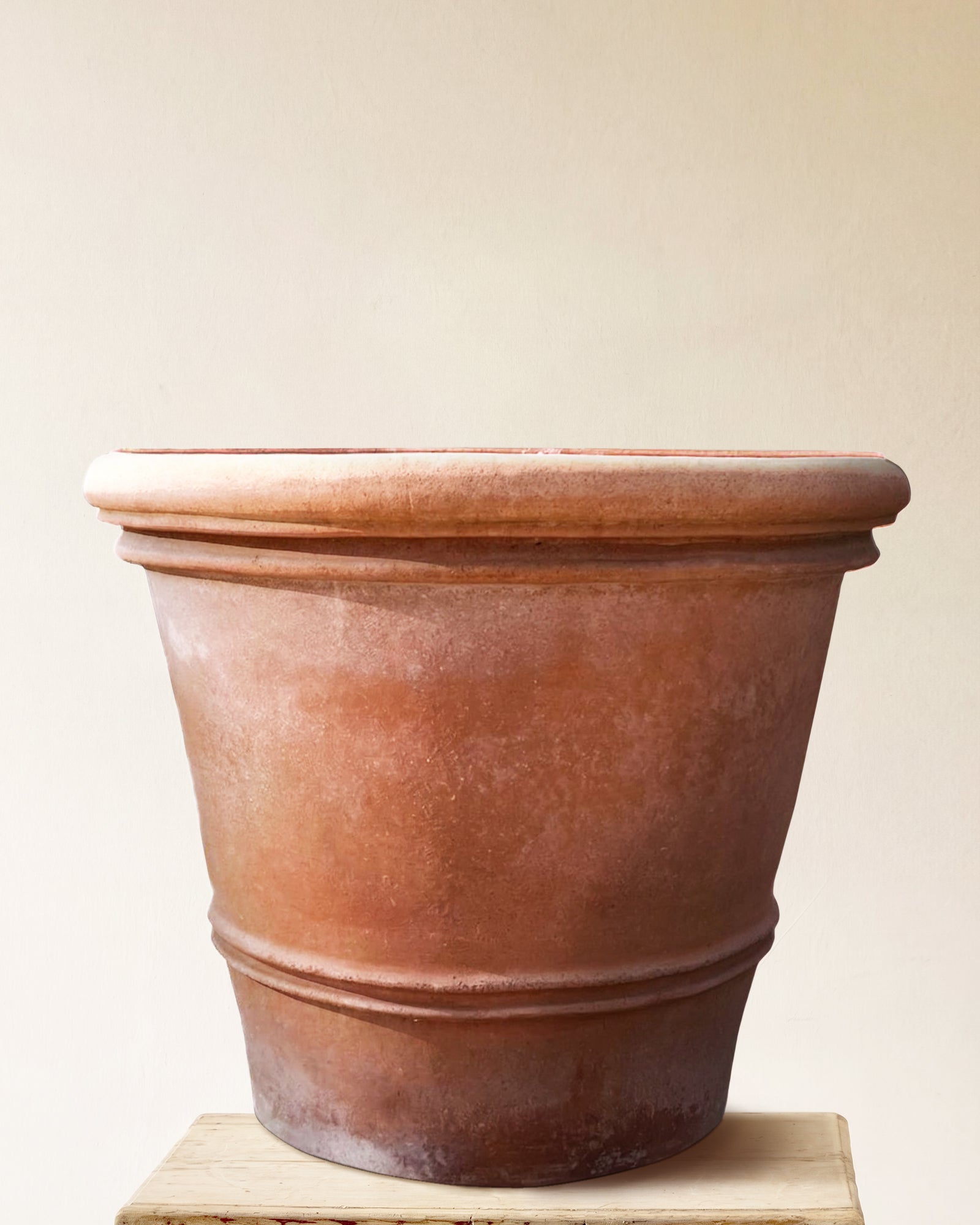 Italian terracotta planter with large cylindrical form, flared rim and single mid-body band, made in Impruneta, 41" x 37"