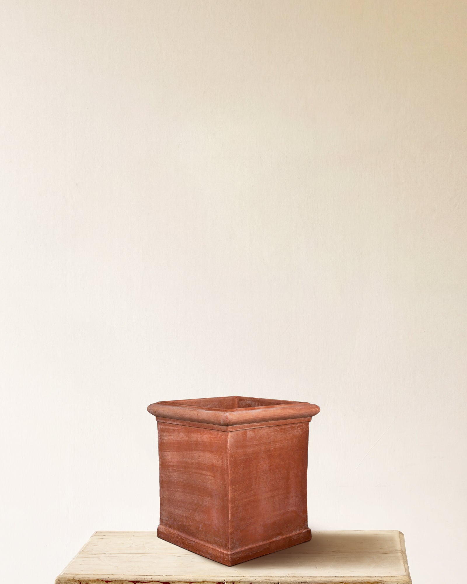 Italian terracotta square planter with straight tapered sides and rolled rim, made in Impruneta, 19" x 22"