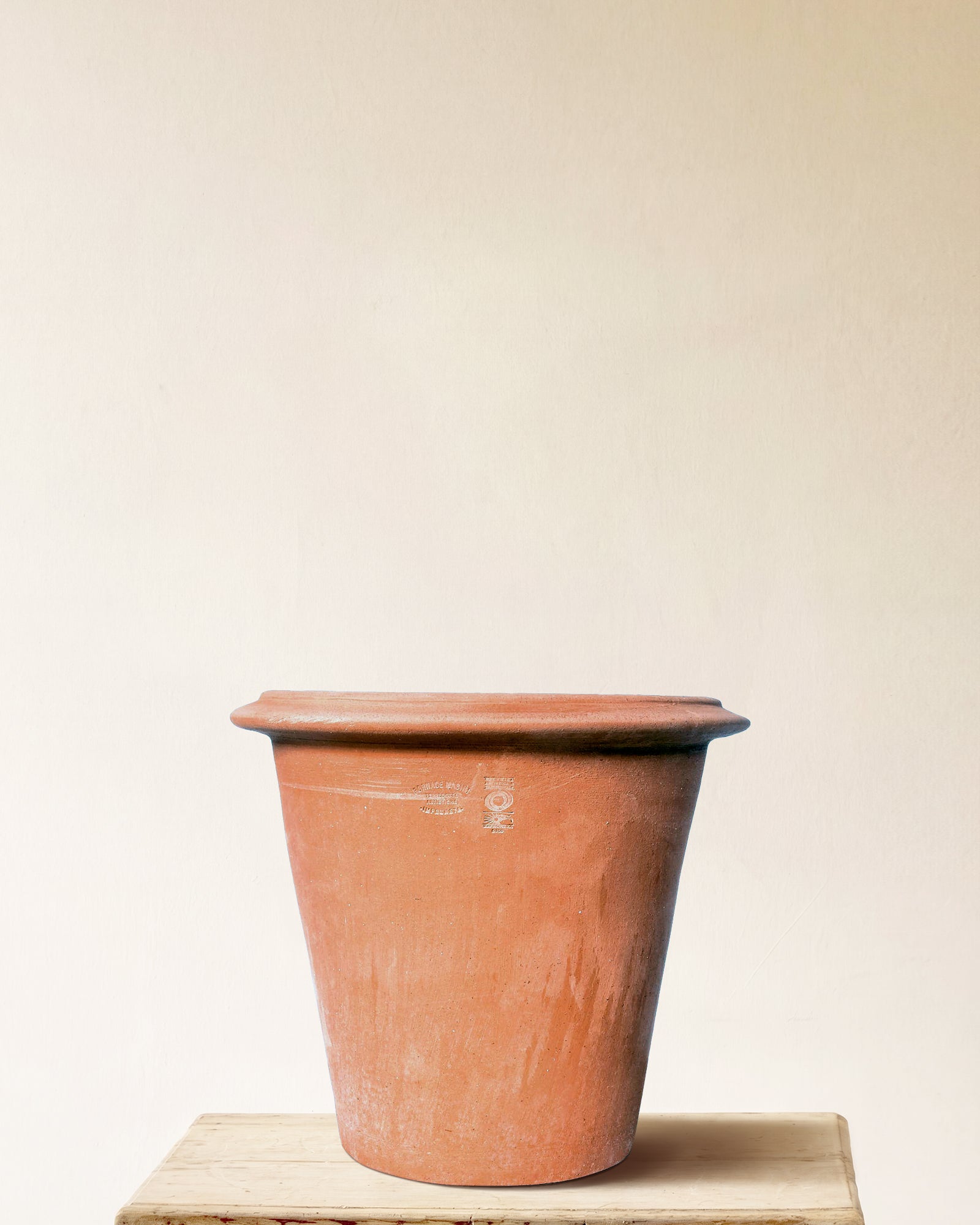 Italian terracotta planter with tapered form and wide rolled rim, made in Impruneta, 24" x 22"