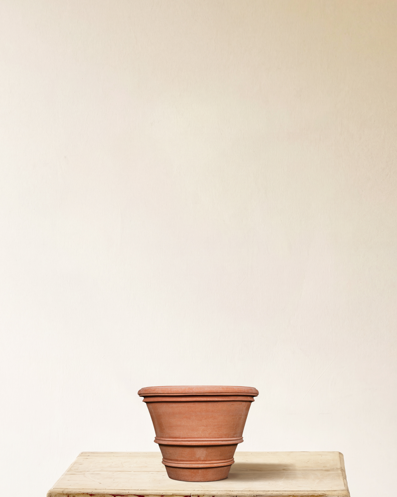 Italian terracotta planter with double rim detail, made in Impruneta, 16" x 13"