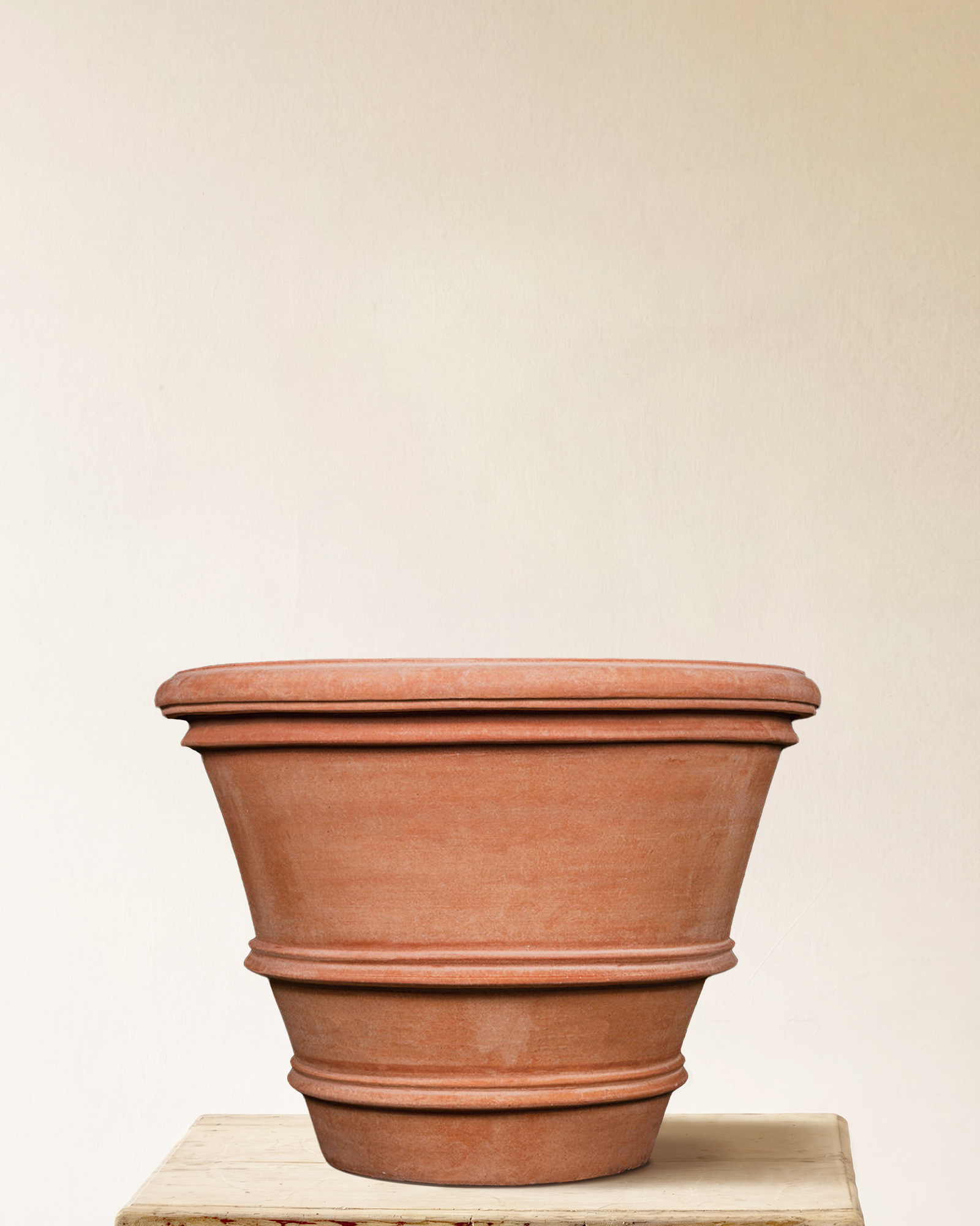 Italian terracotta planter with double rim detail, made in Impruneta, 35" x 29"