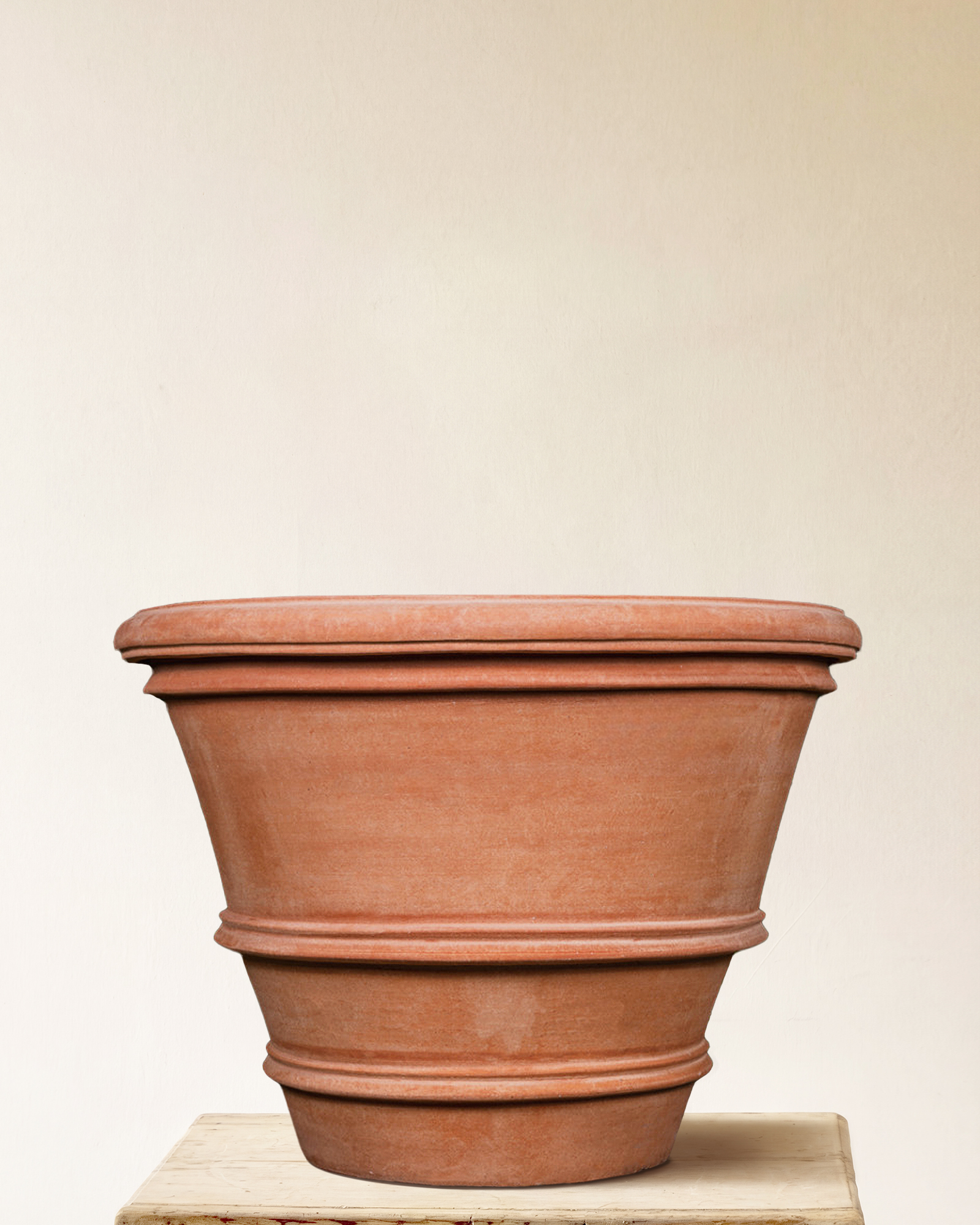 Italian terracotta planter with double rim detail, made in Impruneta, 39" x 33"