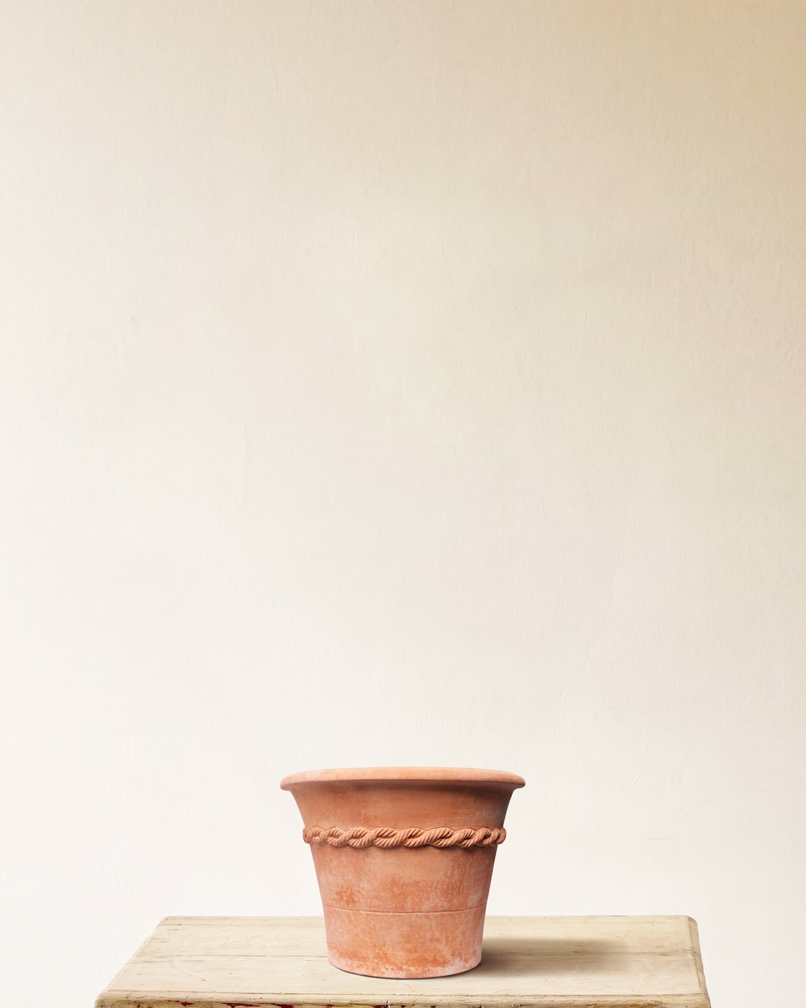 Italian terracotta planter with raised rope band detail, made in Impruneta, 16" x 14"
