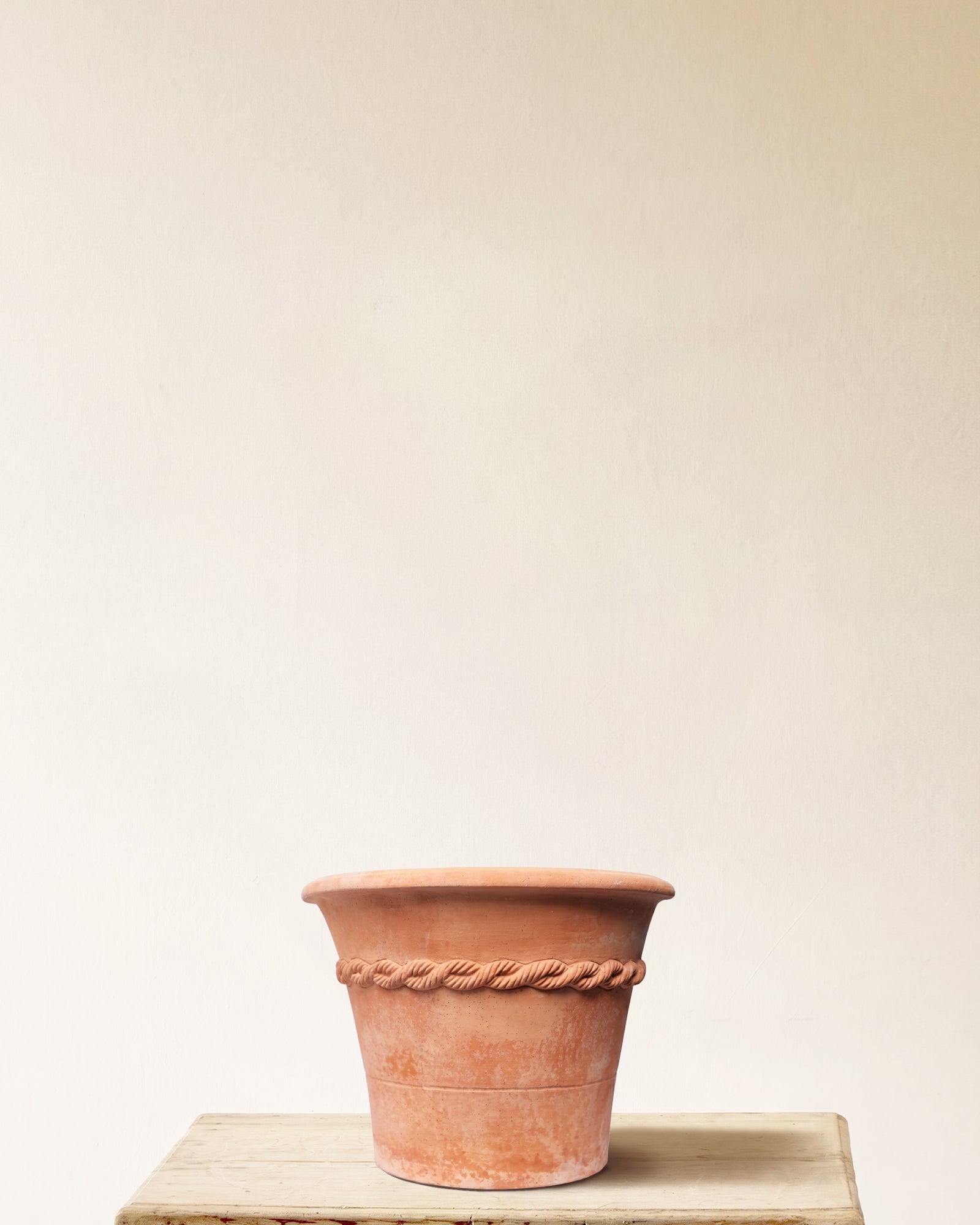 Italian terracotta planter with raised rope band detail, made in Impruneta, 12" x 11"