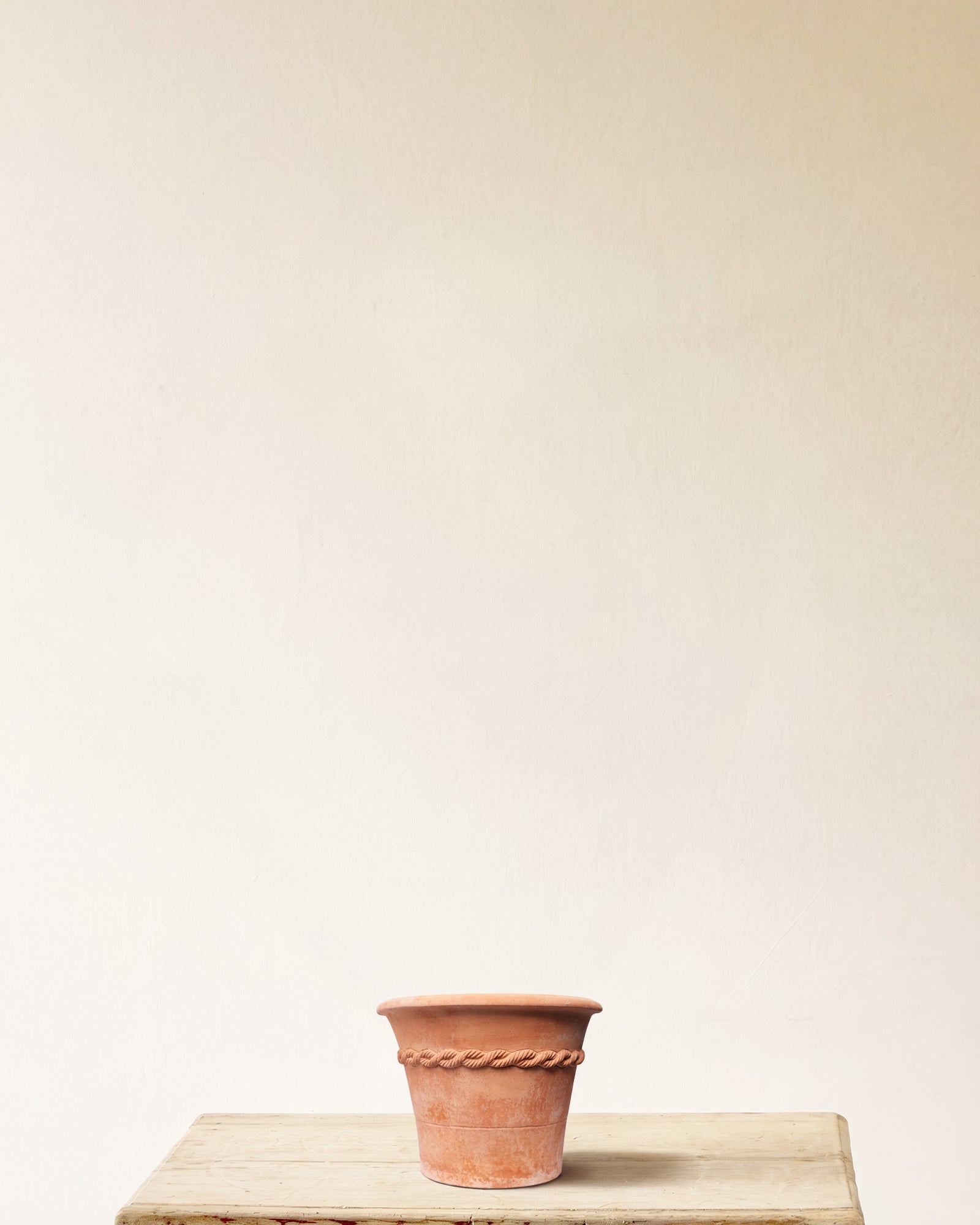 Italian terracotta planter with raised rope band detail, made in Impruneta, 12" x 11"