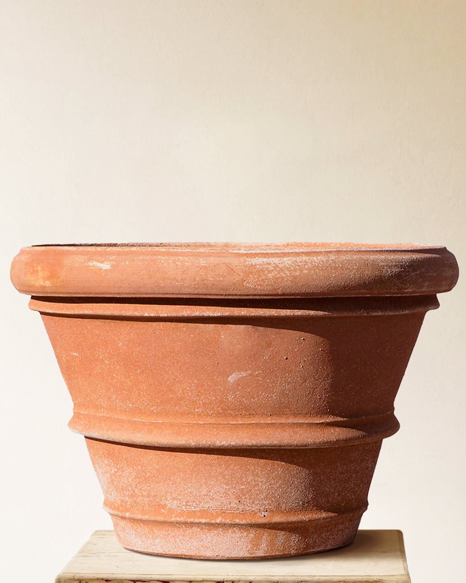 Italian terracotta planter with classic double-rim form and gently flared body, made in Impruneta, 47" x 39"