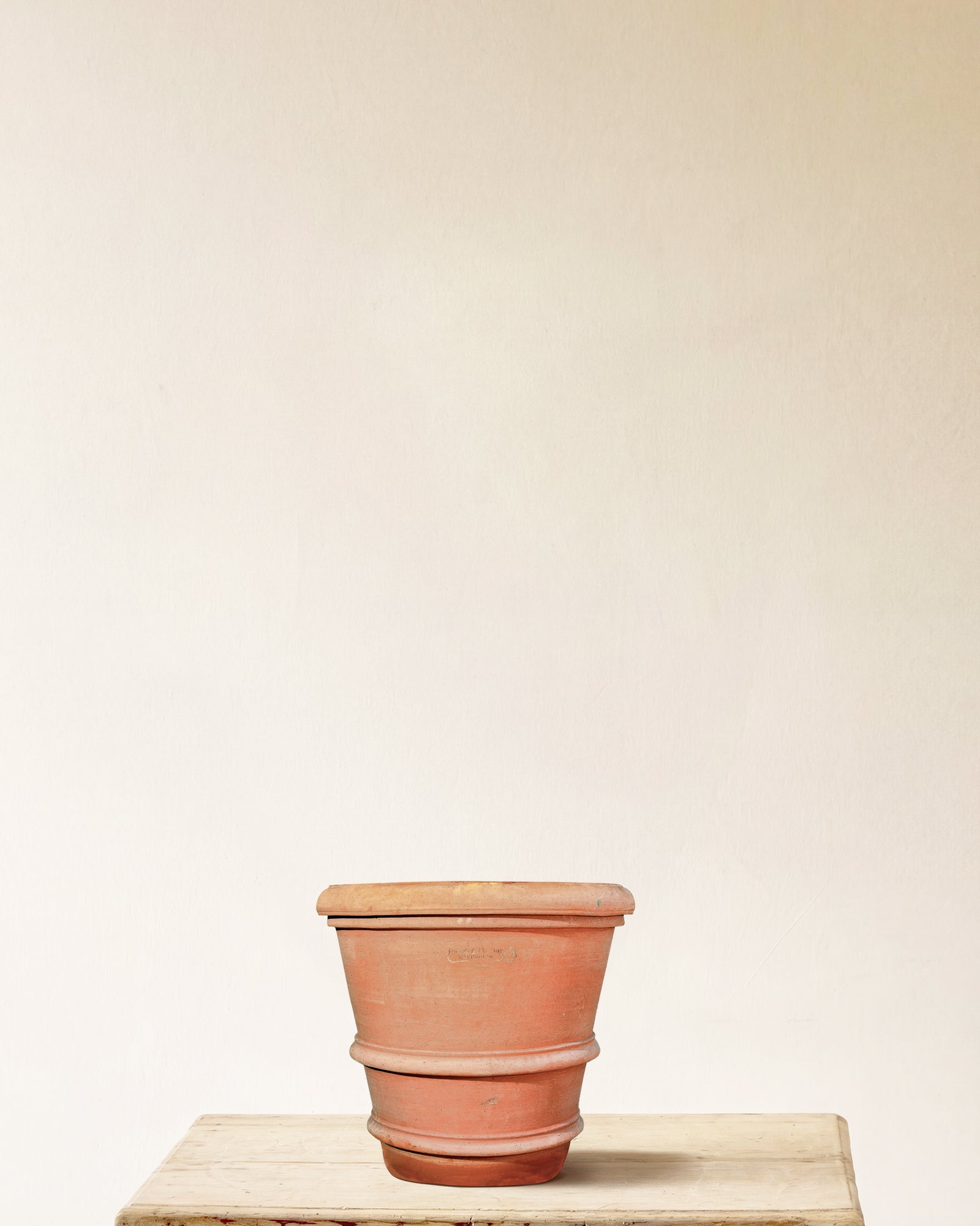 Italian terracotta planter with tall flared form and two horizontal bands, made in Impruneta, 15" x 22"
