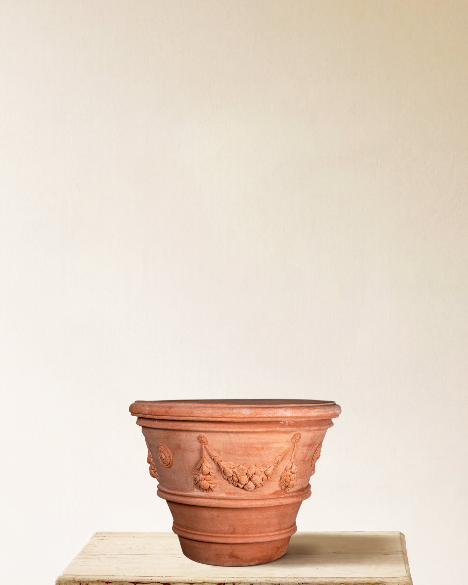 Italian terracotta planter with sculpted festoon relief, made in Impruneta, 24" x 20"