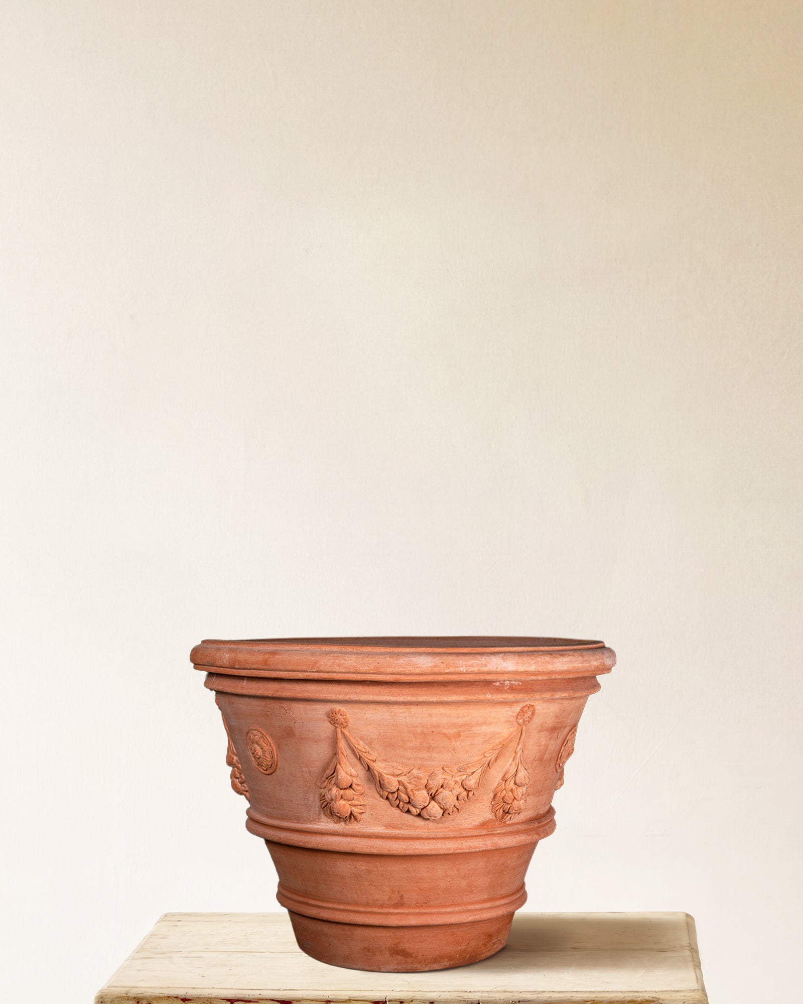 Italian terracotta planter with sculpted festoon relief, made in Impruneta, 28" x 23"