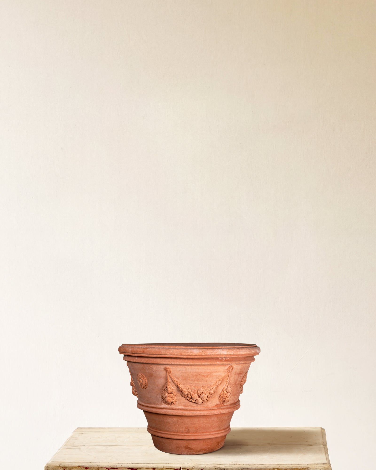 Italian terracotta planter with sculpted festoon relief, made in Impruneta, 20" x 15"