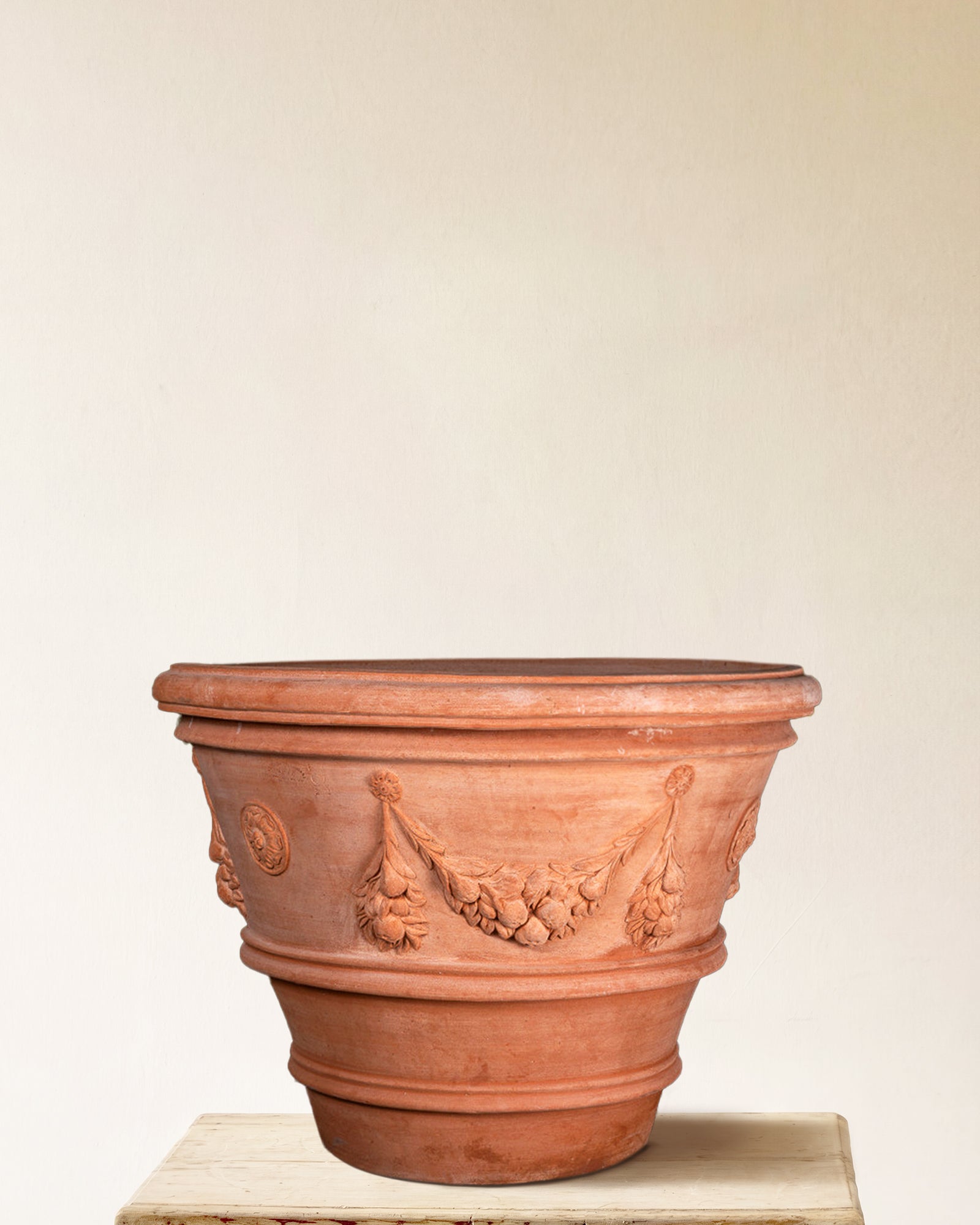 Italian terracotta planter with sculpted festoon relief, made in Impruneta, 35" x 29"