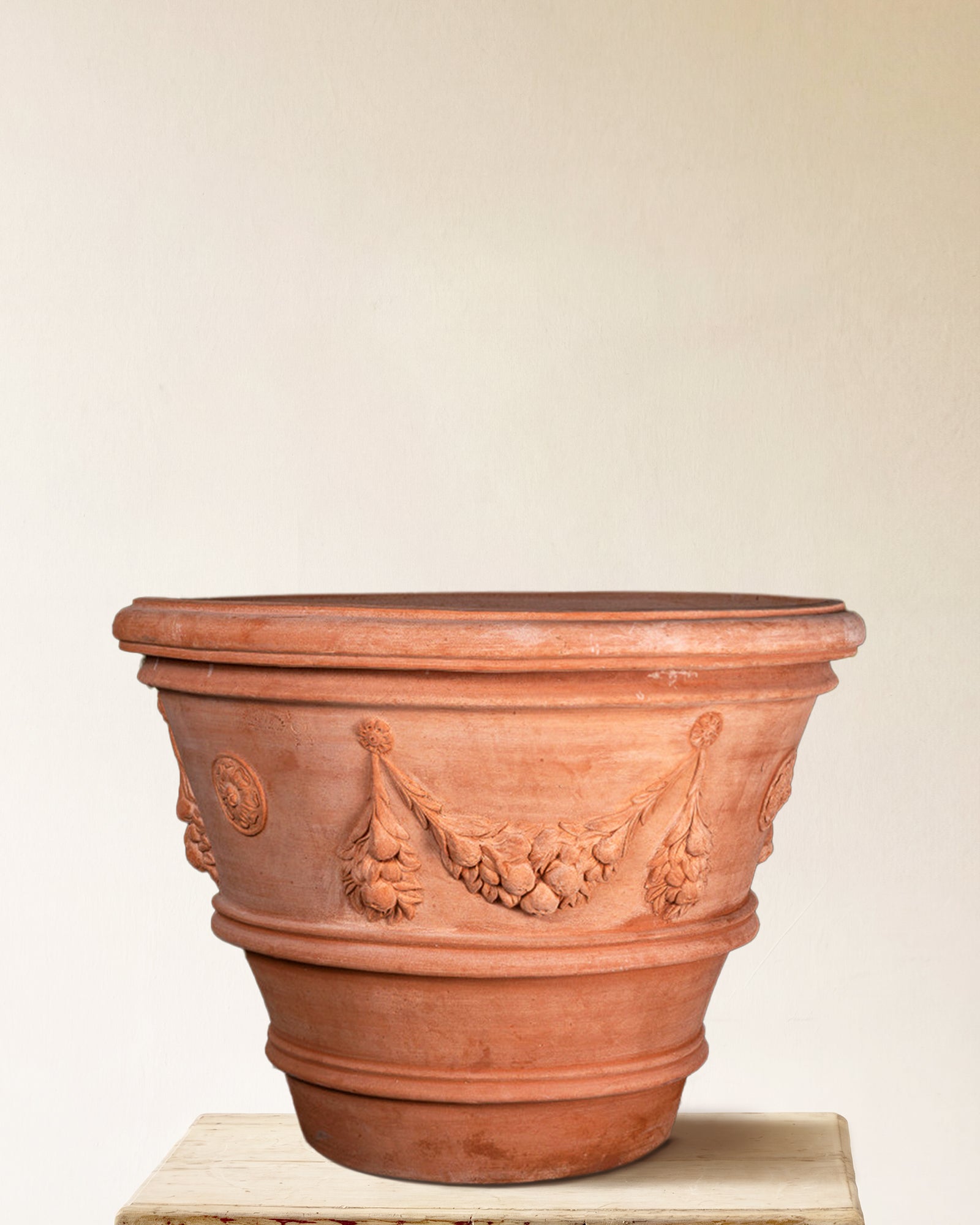 Italian terracotta planter with sculpted festoon relief, made in Impruneta, 39" x 33"