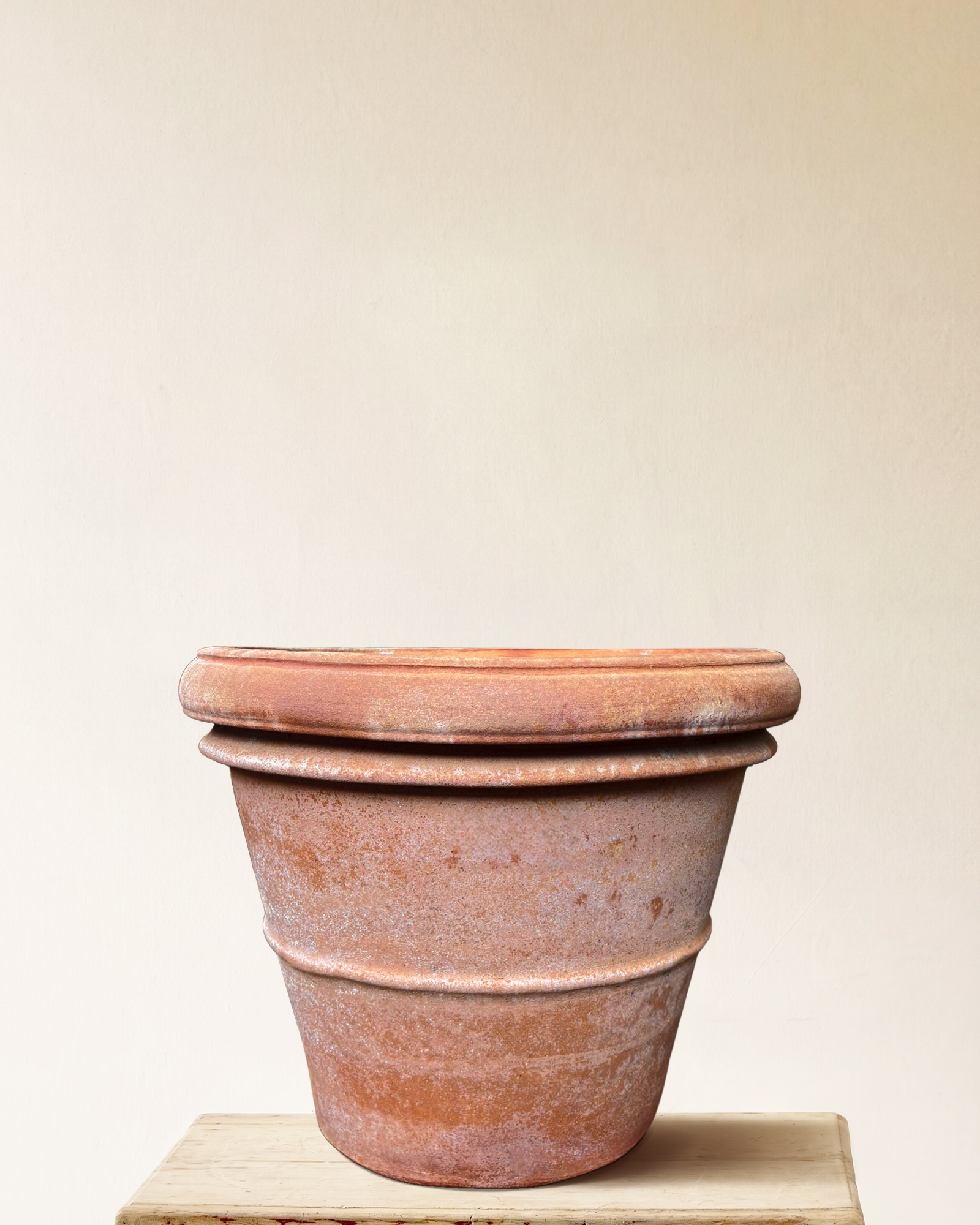 Italian terracotta planter with rounded form and wide rolled rim, smooth surface, made in Impruneta, 28" x 23"