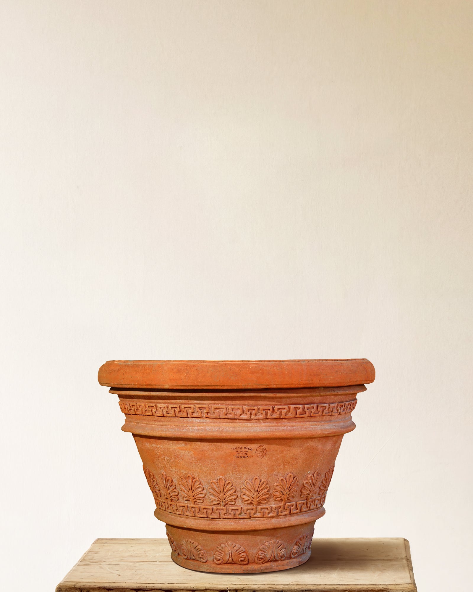 Italian terracotta planter with Greek key and acanthus leaf band relief, made in Impruneta