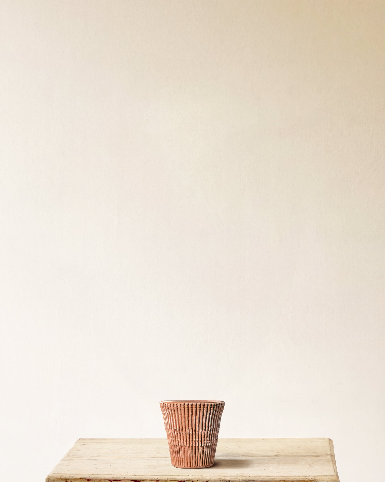 Italian terracotta planter with full-height bamboo-style vertical ribbing, made in Impruneta, 8" x 8"