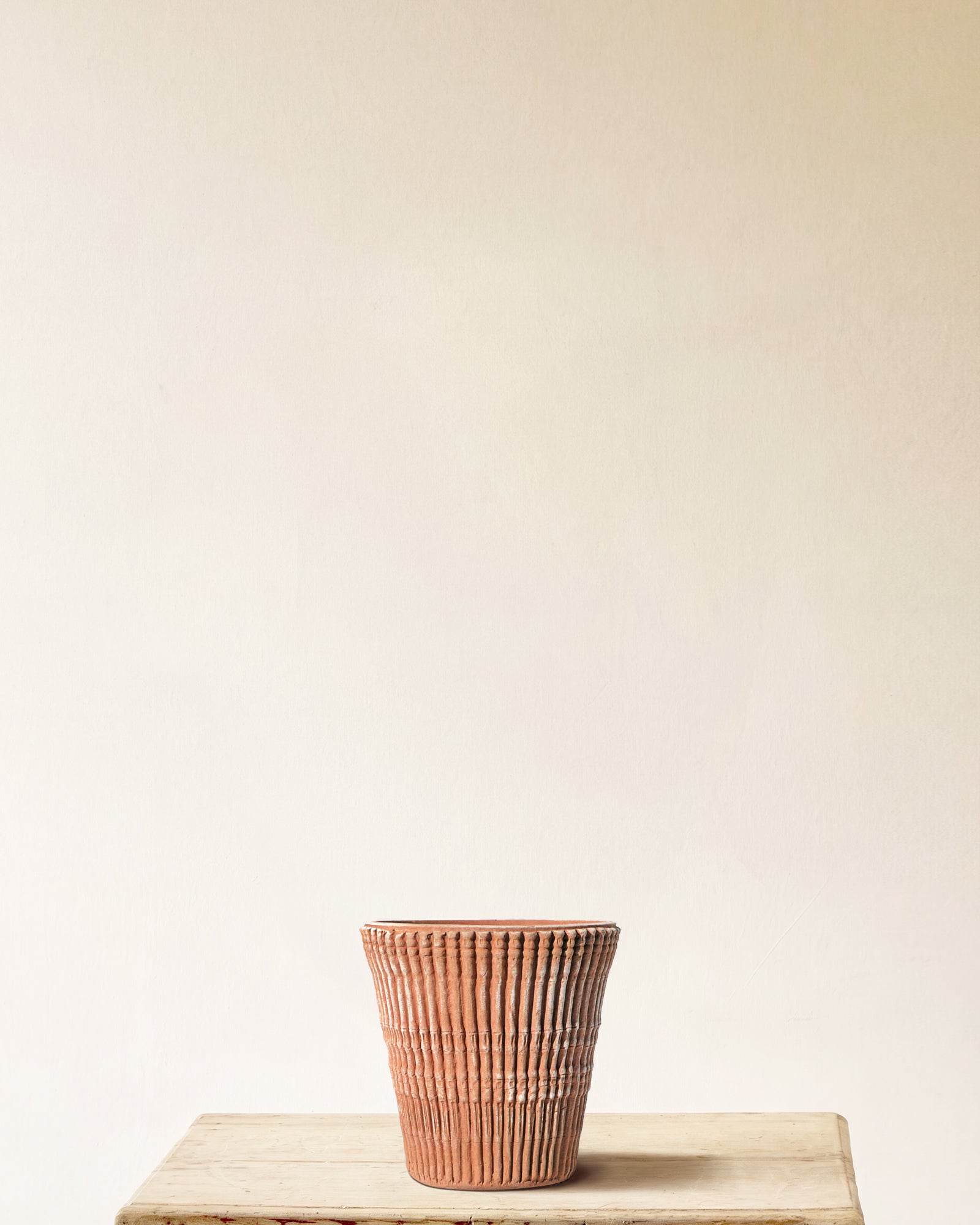 Italian terracotta planter with full-height bamboo-style vertical ribbing, made in Impruneta, 12" x 13"