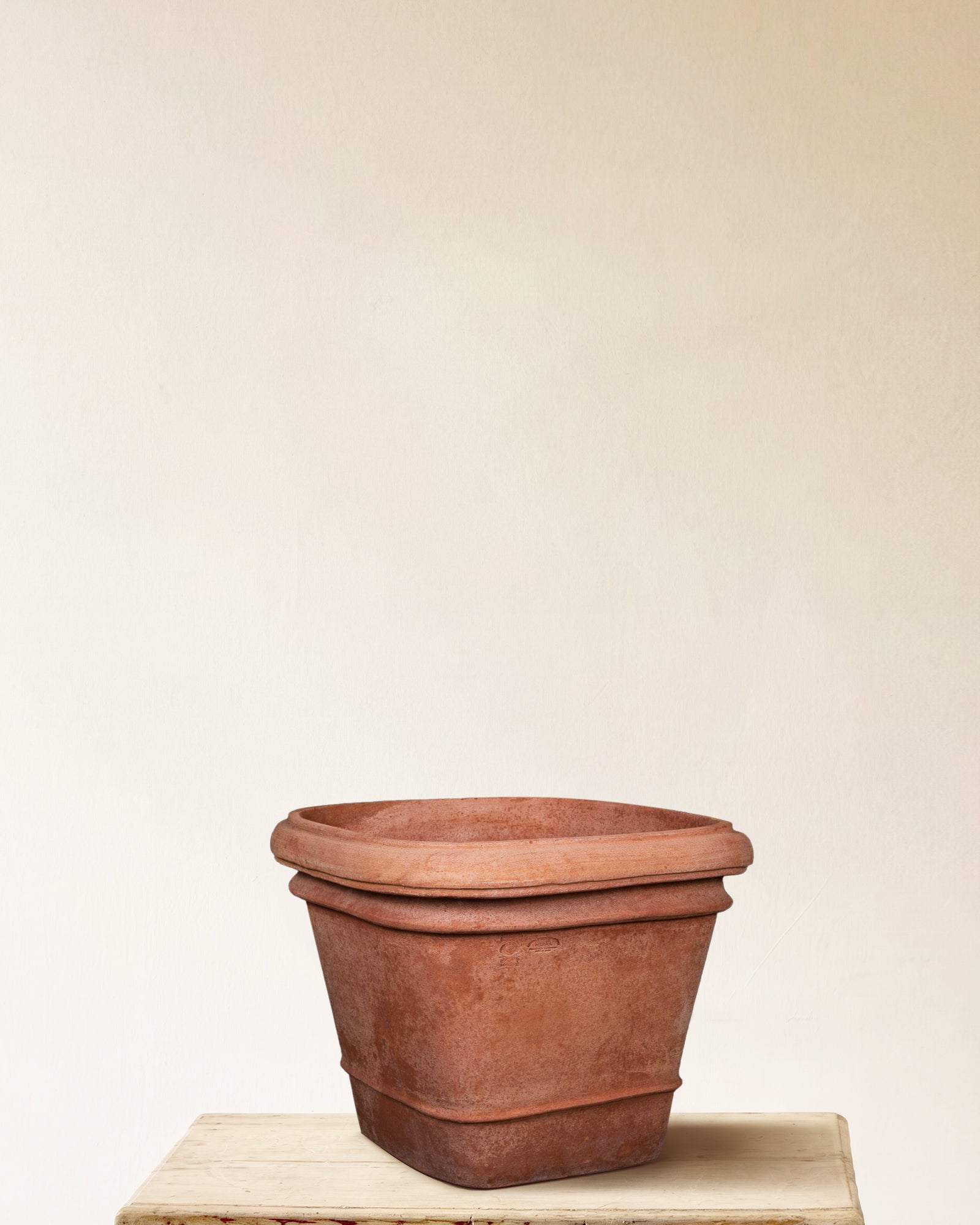 Italian terracotta square planter with double rim, made in Impruneta, 22" x 22"