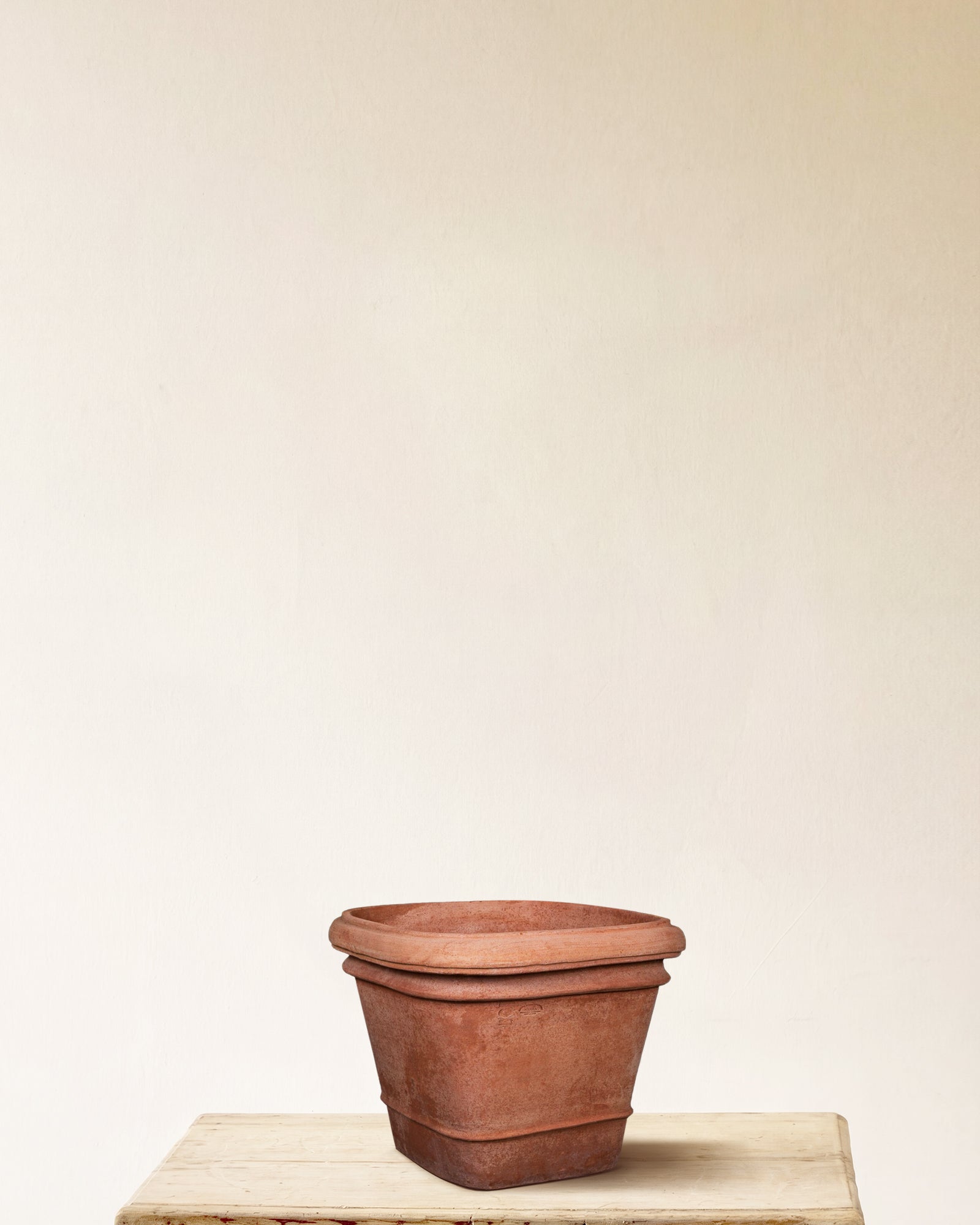 Italian terracotta square planter with double rim, made in Impruneta, 15" x 15"