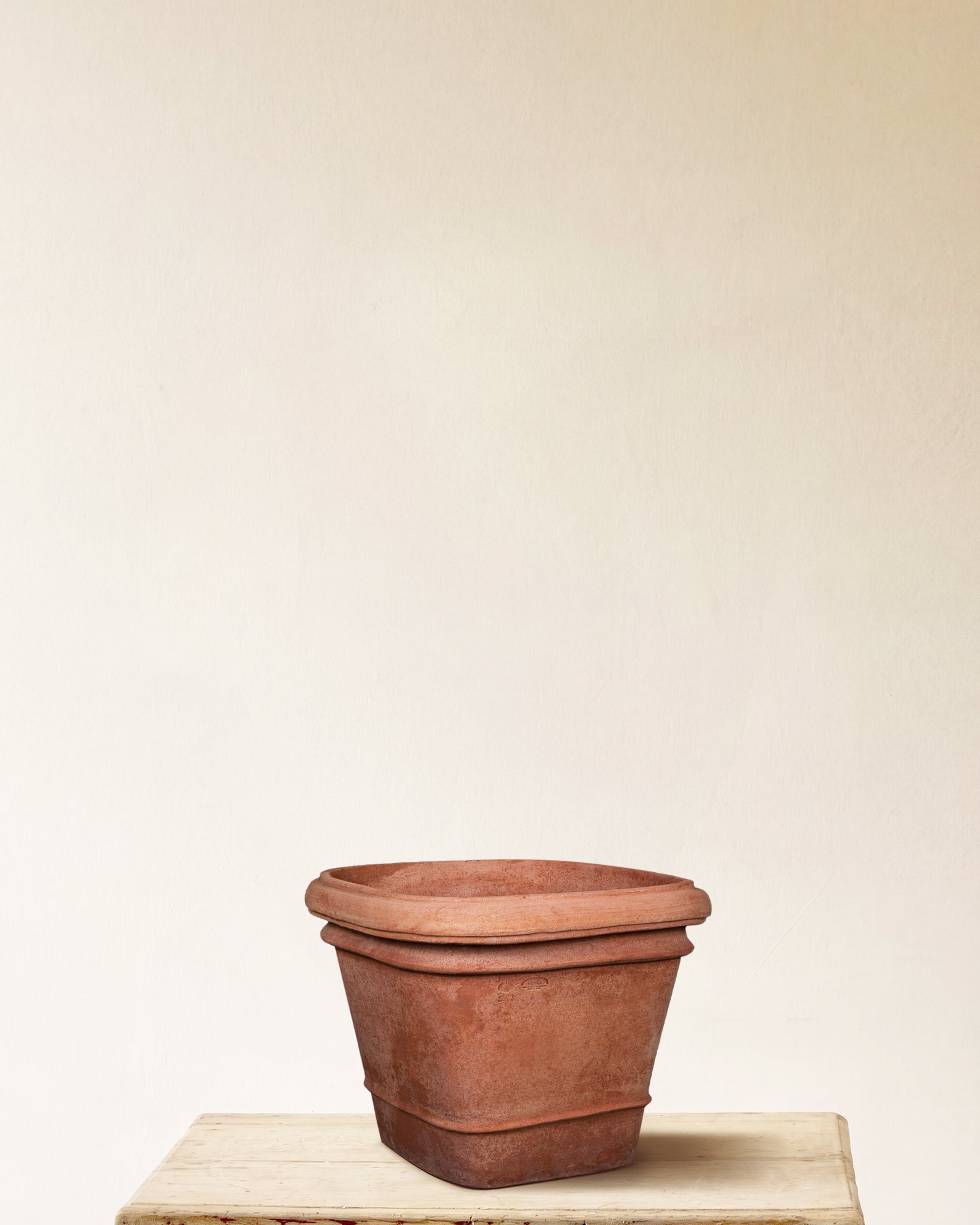 Italian terracotta square planter with double rim, made in Impruneta, 17" x 16"