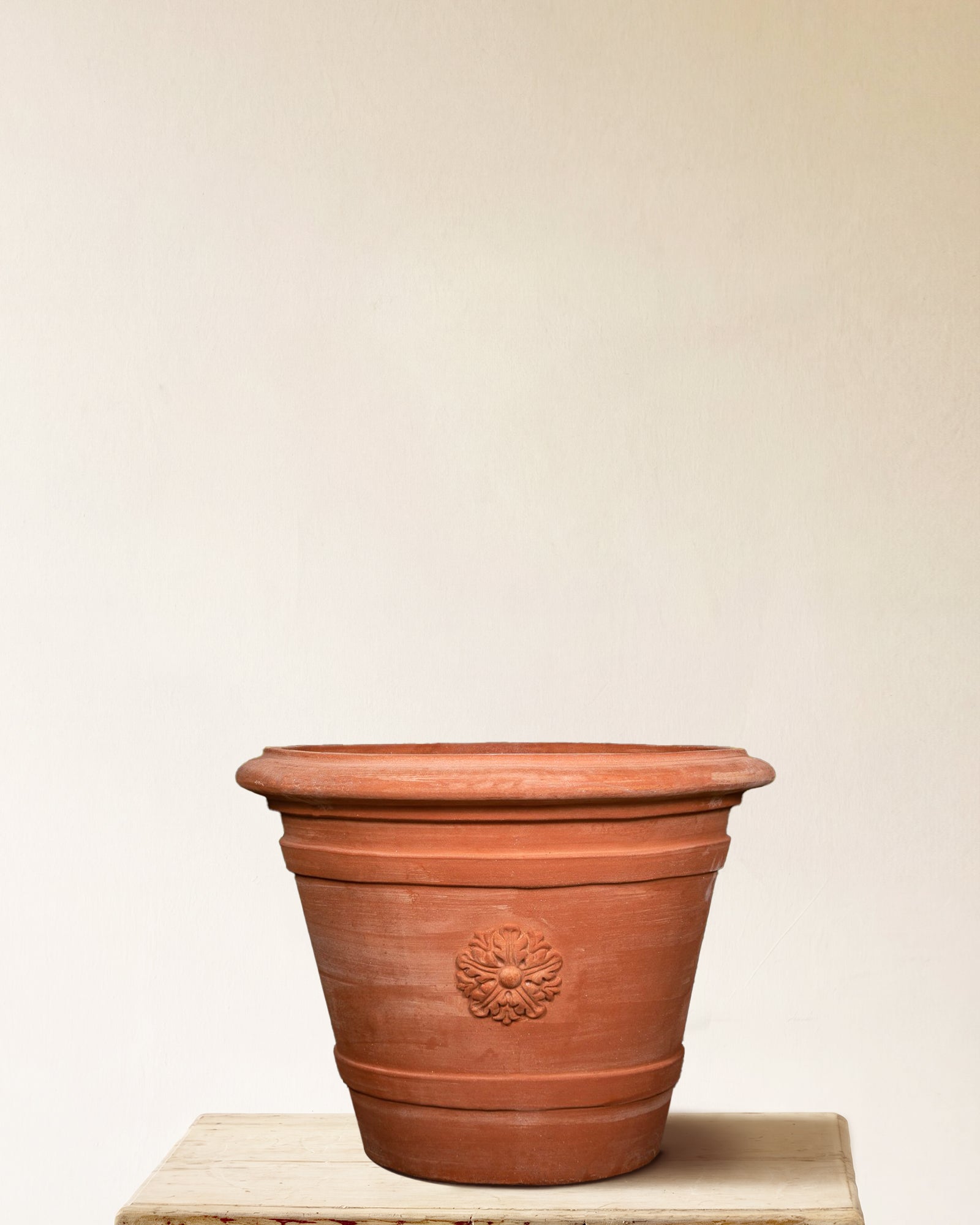 Italian terracotta planter with carved rosette relief, made in Impruneta