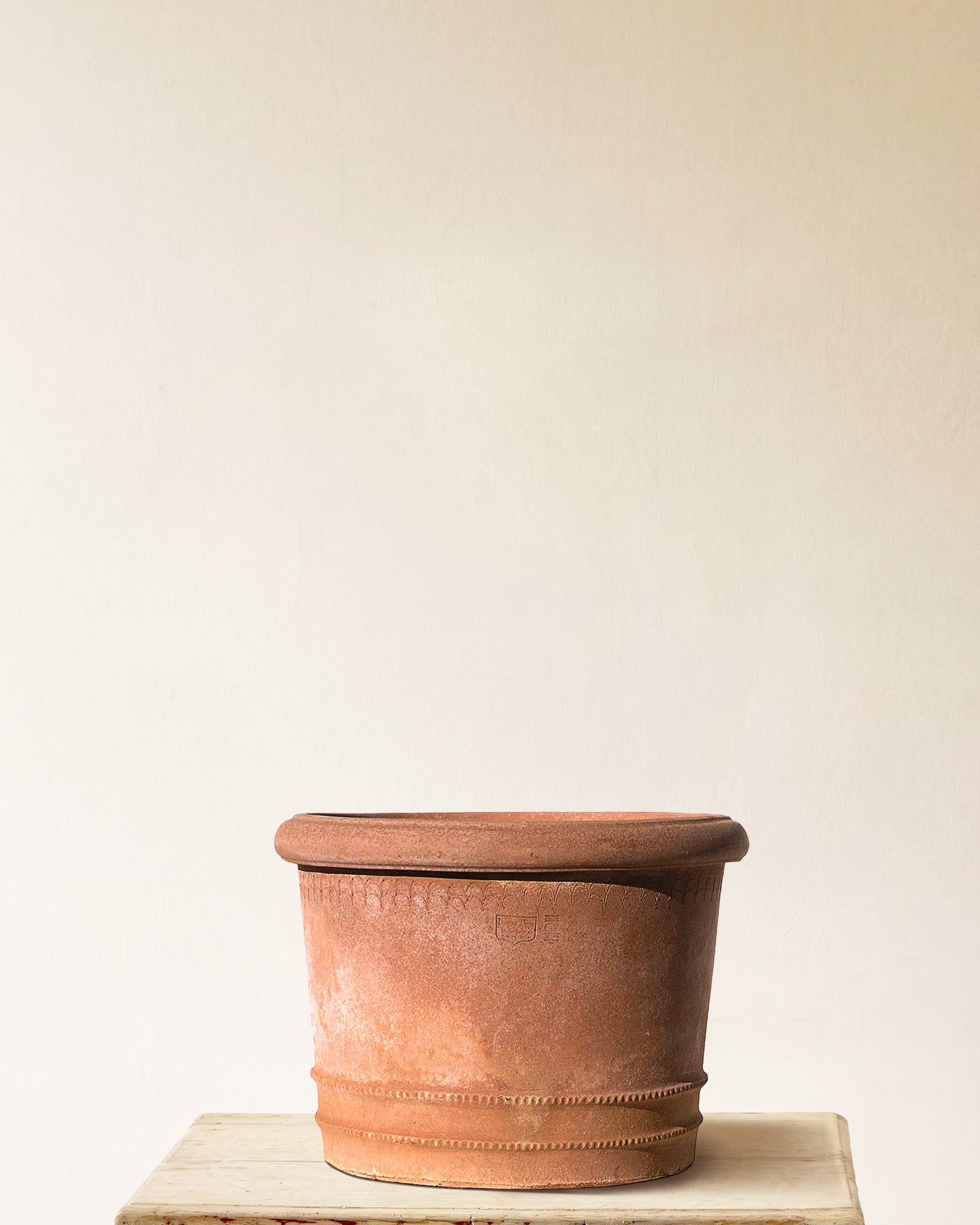 Italian terracotta planter with beehive form, scalloped rim band and beaded base ridges, made in Impruneta, 30" x 26"