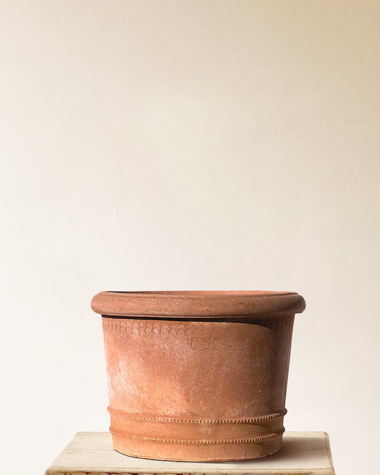 Italian terracotta planter with beehive form, scalloped rim band and beaded base ridges, made in Impruneta, 24" x 20"