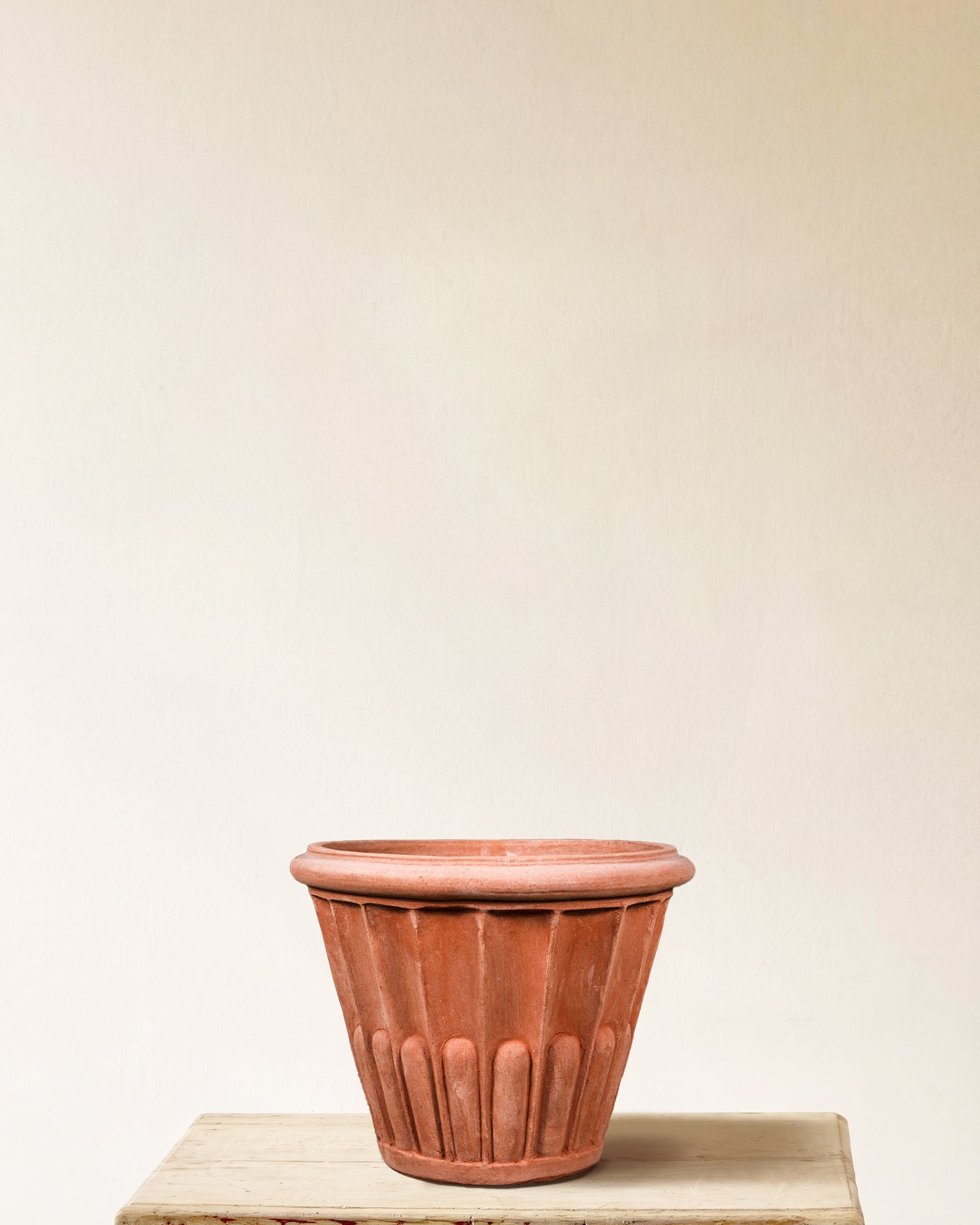 Italian terracotta planter with vertical fluting, made in Impruneta, 19" x 18"